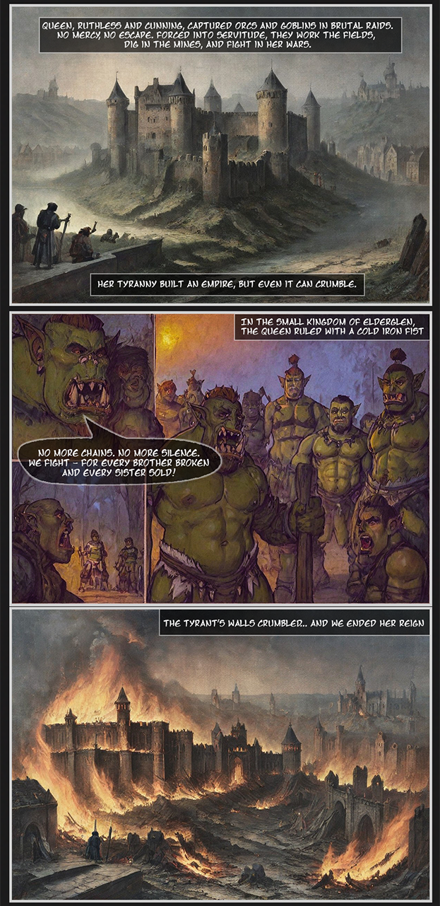 1eyedemperor 1girls 2d 2d_(artwork) 2d_artwork ai_assisted ai_generated barbarian beneath_the_crown burning city comic comic_page comic_panel comics commentary crown crown_braid cuffs dialogue dialogue_box dialogue_bubble domination english english_commentary english_dialogue english_language english_subtitles english_text female full_color green_skin highres kingdom medieval multiple_boys muscular muscular_male oneyedemperor orc orc_male original original_character original_characters page_1 panorama story sword weapon