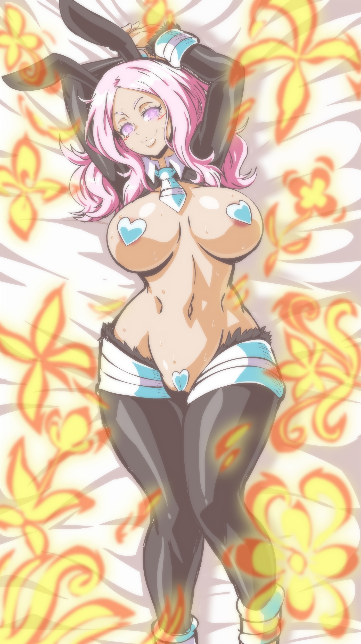 1girls, 2025, 2d, 2d (artwork), big breasts, breasts, bunnysuit, clothing, construct, constructs, dakimakura, dark skin, enen no shouboutai, fake animal ears, female, female only, fire, fire force, glowing eyes, human, human only, large breasts, lewdamone, looking at viewer, medium hair, no sex, on back, partially clothed, pasties, pasty on pussy, pink hair, pink-haired female, powers, princess hibana, pussy, pussy pasty, pyrokinesis, solo, solo female, thighhighs, tie