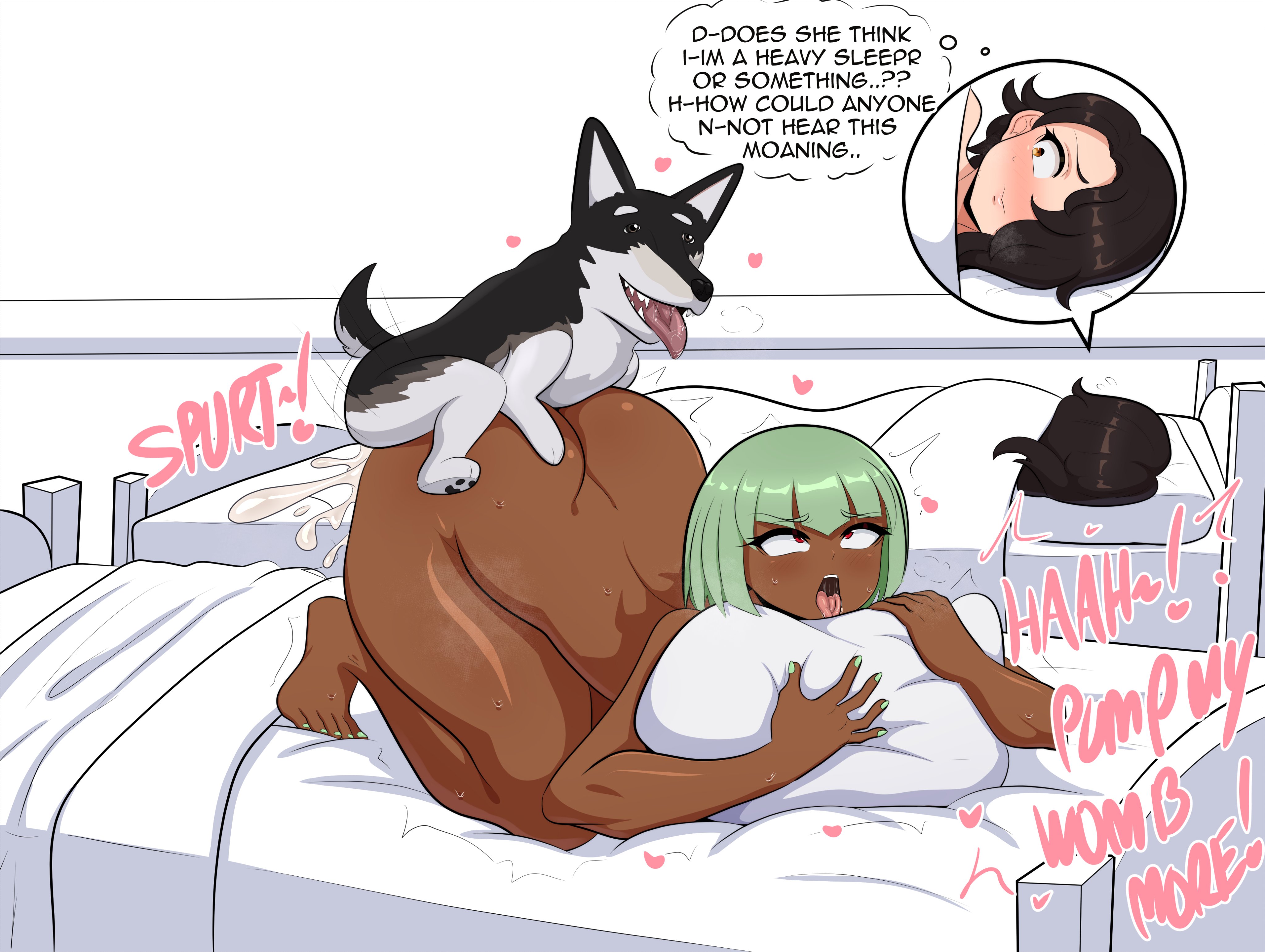 2girls, ahe gao, ambiguous consent, canine, canine penis, cinder fall, cock sleeve, color, comic, cum, cum in pussy, cum inside, cum inside request, dark hair, dirty talk, emerald sustrai, female, female on feral, feral, feral on female, gold eyes, green hair, hearts around head, hearts around text, interspecies, kinathefox, knot, male, penis, perching position, plap, pussy, questionable consent, red eyes, rwby, stealth sex, sweat, sweatdrop, sweating, sweaty, tagme, text, vaginal penetration, vaginal sex, zoophilia, zwei