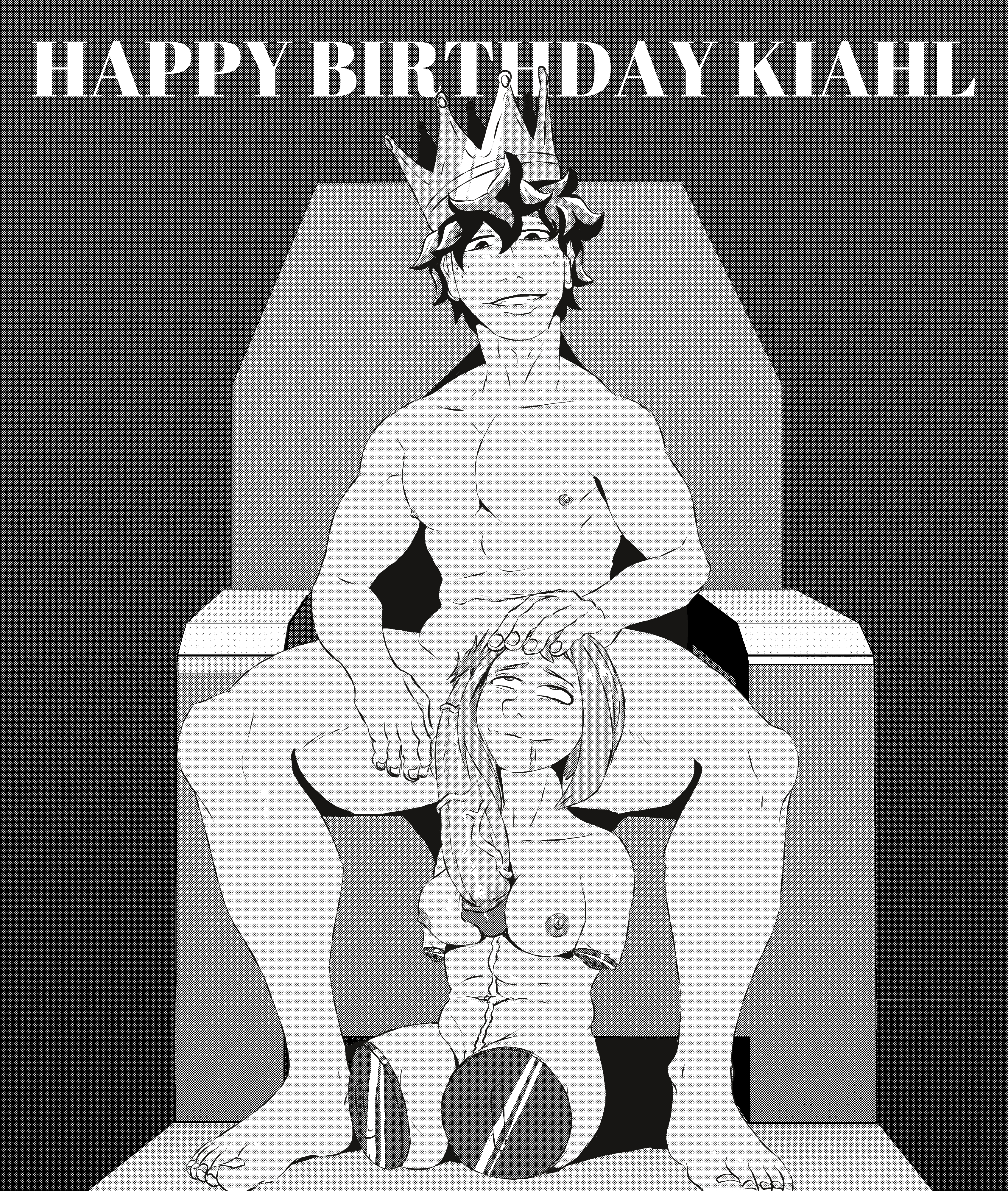 1boy, amputee, between legs, breasts, chubby female, crown, cum drool, cum on body, cum on breasts, cum trail, cumming, drooling, female, hand on head, huge cock, human pet, hyper, hyper penis, izuku midoriya, leaking cum, limbless, looking at partner, looking up, looking up at partner, male, monochrome, muscular, muscular male, my hero academia, nervous, no penetration, objectification, ochako uraraka, penis, penis between breasts, pet, petting, quadruple amputee, sitting between legs, size difference, stump, stump caps, throne, toned, woolysart, worshipping