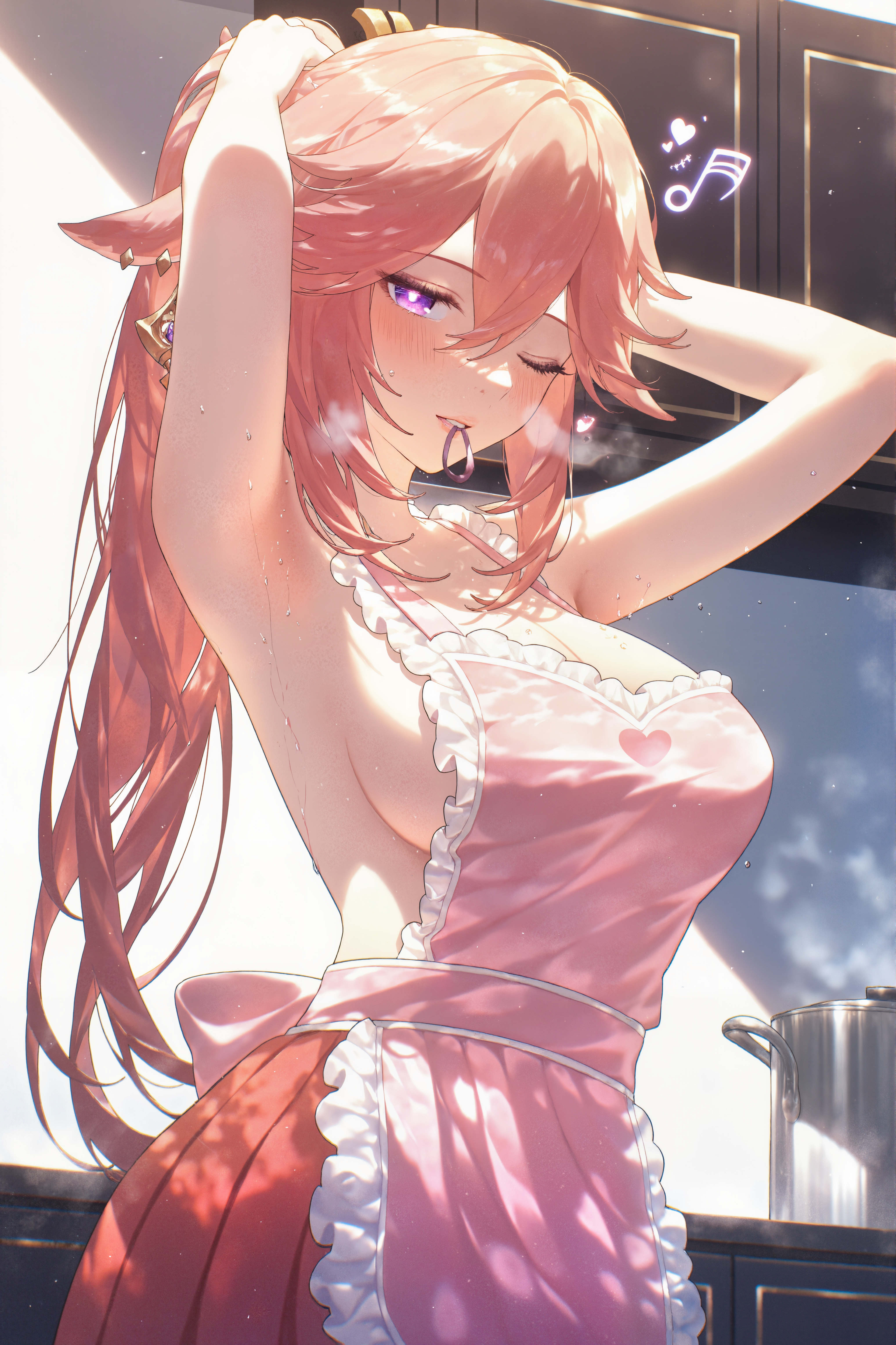 ;), absurd res, adjusting hair, ai generated, alternate costume, animal ears, apron, armpits, arms behind head, arms up, back bow, bare arms, bare shoulders, beamed eighth notes, beamed sixteenth notes, blush, breasts, breath, cabinet, cleavage, closed mouth, collarbone, cooking, cooking pot, counter, cowboy shot, earrings, eighth note, eyelashes, faucet, female, floppy ears, fox ears, fox girl, frilled apron, frilled skirt, frills, genshin impact, glint, gold earrings, hair between eyes, hair ornament, hair tie, hair tie in mouth, hand in own hair, hands in hair, heart, heart print, heavy breathing, high ponytail, holding, holding hair, indoors, jewelry, kettle, kitchen, large breasts, lips, long hair, looking at viewer, maid apron, ministro, mouth hold, musical note, naked apron, nearly naked apron, no bra, one eye closed, oven, parted lips, pink apron, pink hair, pink skirt, pleated skirt, ponytail, presenting armpit, purple eyes, quarter note, raised eyebrows, red skirt, ribbon in mouth, see-through, sideboob, sidelocks, single earring, sink, skirt, smile, solo, standing, steam, steaming body, stove, sunlight, sweat, symbol-shaped pupils, tying hair, upper body, very long hair, vision (genshin impact), wet, wet clothes, white apron, yae miko
