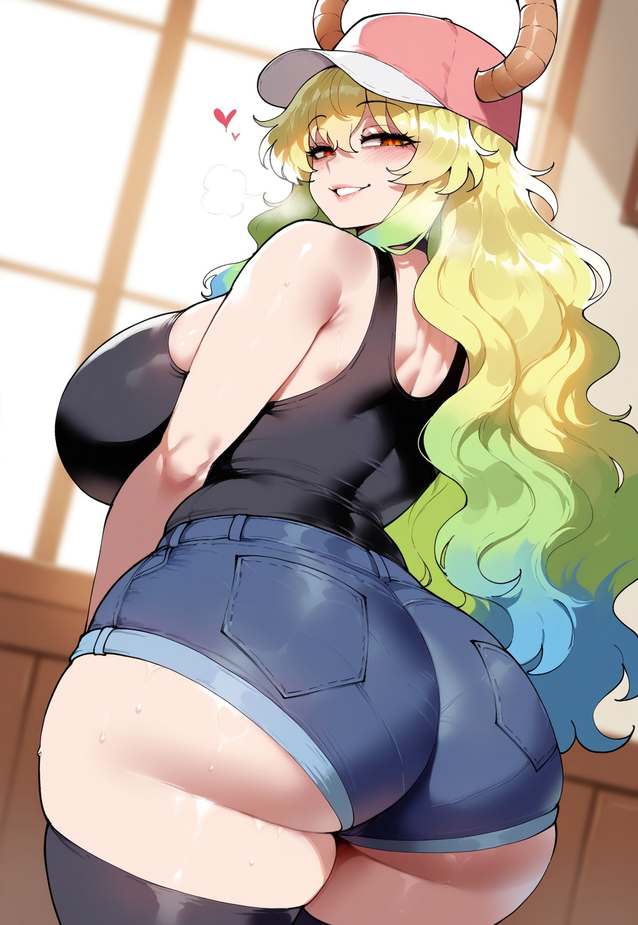 1girls, ai generated, ass, ass focus, baseball cap, big ass, big breasts, black tank top, black thighhighs, breasts, bubble ass, bubble butt, cap, civitai, denim shorts, dragon maid, dug-lith-pls, fat ass, female, female focus, hat, hearts, hearts around head, horns, horns through headwear, large ass, large breasts, long hair, looking at viewer, looking back, lucoa, lucoa (maidragon), miss kobayashi's dragon maid, multicolored hair, seductive, seductive eyes, seductive look, seductive smile, shorts, smile, smiling, smiling at viewer, solo, solo female, solo focus, steamy breath, sweat, sweaty, tank top, thighhighs, wavy hair