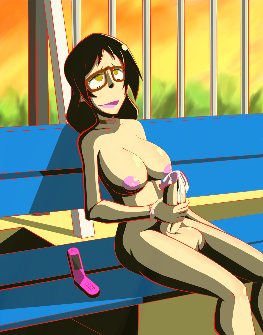 1futa black_hair cum dickgirl futa_only futanari glasses herm intersex kajou_ayame masturbation s3_studios shimoneta_to_iu_gainen_ga_sonzai_shinai_taikutsu_na_sekai solo sunset yellow_eyes