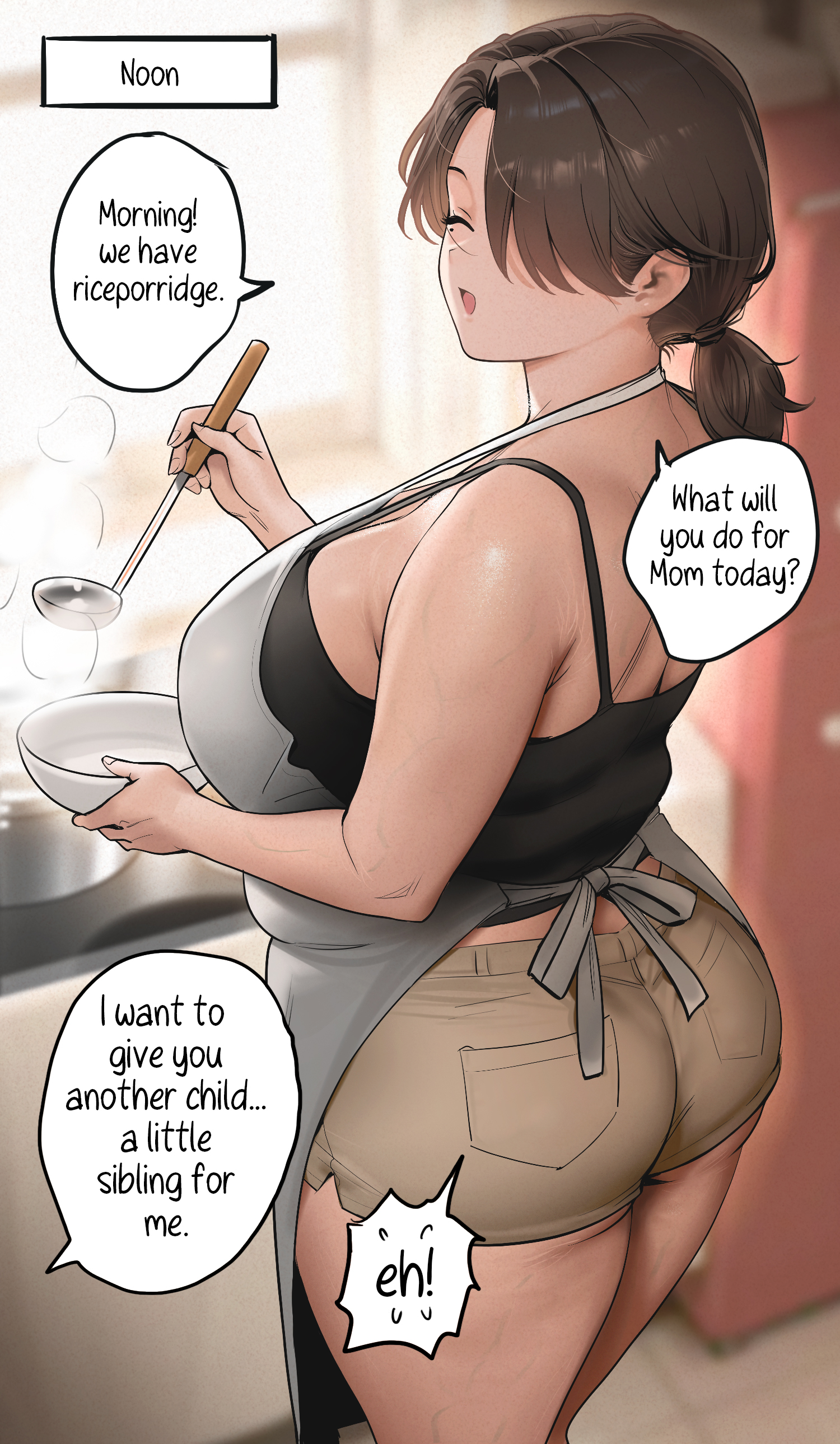 1girls, apron, ass, bbw, big ass, black tank top, breasts, brown hair, brown-haired female, chubby, chubby female, closed eyes, clothed, clothing, dialogue, english text, female, female only, housewife, huge breasts, impregnation request, incest, judies, kitchen, large breasts, mother, mother and son, one eye obstructed, open mouth, original, parent, parent and child, plump, ponytail, short ponytail, short shorts, solo, solo female, stretch marks, tank top, text, text box, text bubble, thick thighs, unsettling