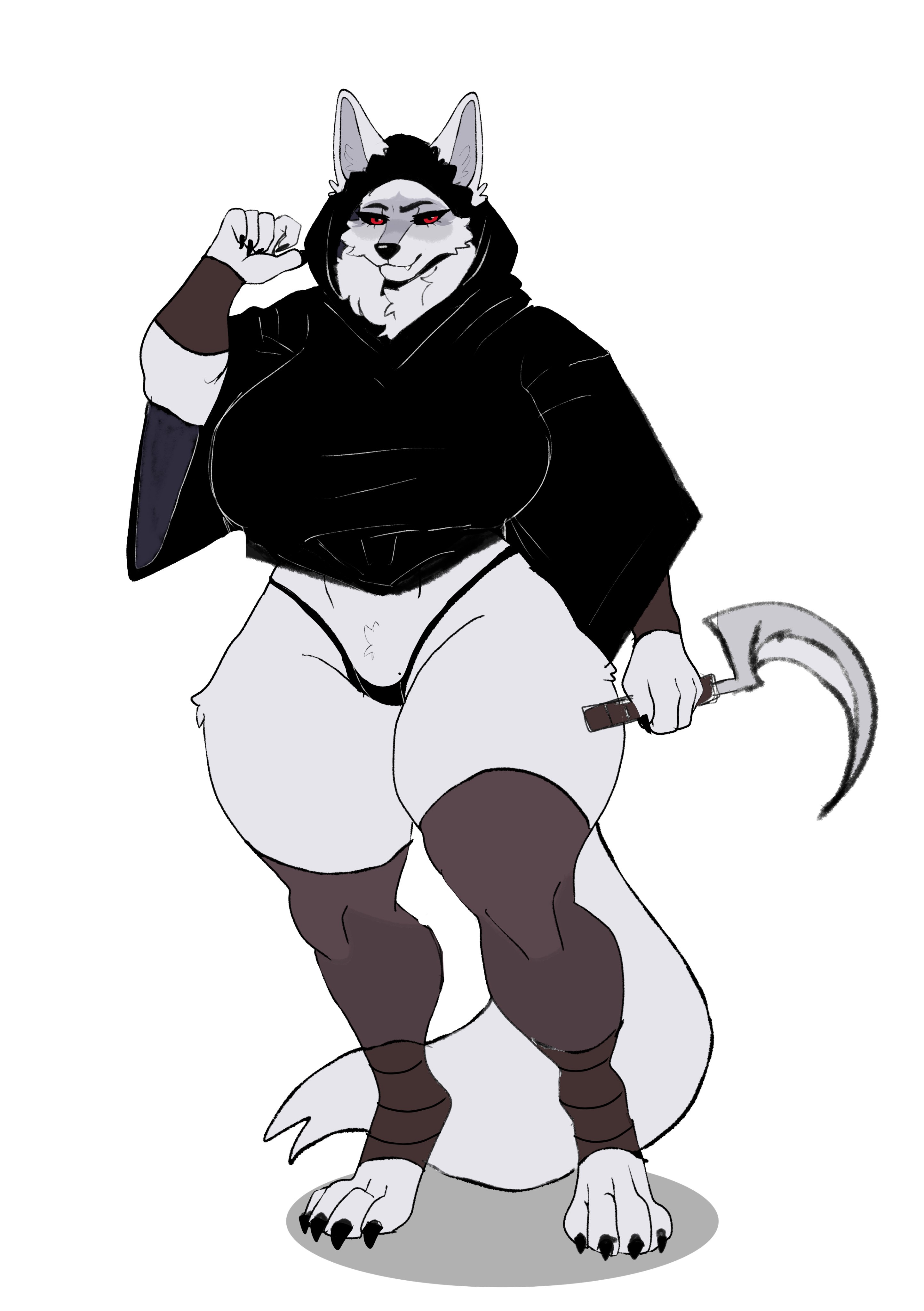1girls, 2024, 5 fingers, absurd res, anthro, big breasts, black cloak, black clothing, black nose, black sclera, black thong, black underwear, breasts, canid, canine, canis, claws, cloak, clothed, clothed anthro, clothed female, clothing, curvy figure, death (puss in boots), digital drawing (artwork), digital media (artwork), dreamworks, dreamworks animation, eyebrows, eyelashes, female, female anthro, finger claws, fingers, front view, full-length portrait, fur, furry, gatoradeew, genderswap, genderswap (mtf), grey body, grey ears, grey fur, grey tail, hi res, holding melee weapon, holding object, holding polearm, holding scythe, holding weapon, legwear, looking at viewer, mammal, melee weapon, mouth closed, mtf crossgender, polearm, portrait, puss in boots (dreamworks), puss in boots (film), puss in boots (franchise), puss in boots the last wish, puss in boots: the last wish, red eyes, rule 63, scythe, shrek (series), simple background, smile, smiling at viewer, snaggle tooth, solo, tail, thick thighs, thigh highs, thighhighs, thong, toe claws, underwear, universal pictures, universal studios, weapon, white background, wolf, wolf ears, wolf girl, wolf tail