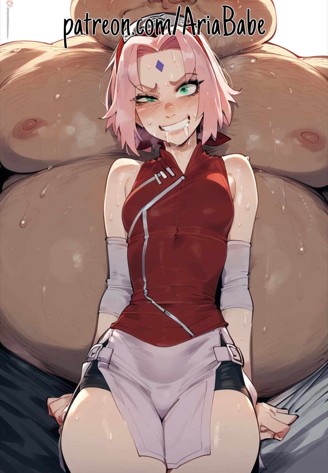 ai generated, ariababe, big thighs, blackmail, breasts, dark-skinned male, female, forced smile, male, naruto, naruto (series), nervous, novelai, obese male, patreon, petite, sakura haruno, small breasts