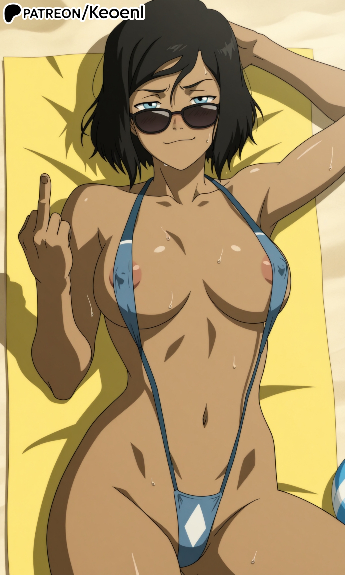 1girls, accurate art style, ai generated, areola, areola slip, areolae, avatar legends, beach, big breasts, bikini, blue bikini, blue eyes, blue sling bikini, breasts, brown hair, brown skin, dark skin, dark-skinned female, female, female only, hands behind head, happy, hard nipples, hi res, keoenl, korra, looking at viewer, looking over eyewear, looking over sunglasses, lying, middle finger, patreon, pool, sand, short hair, sling bikini, slingshot swimsuit, smug, steam, summer, sunglasses, sweat, sweating, the legend of korra, thick thighs, tinted eyewear, towel, wide hips