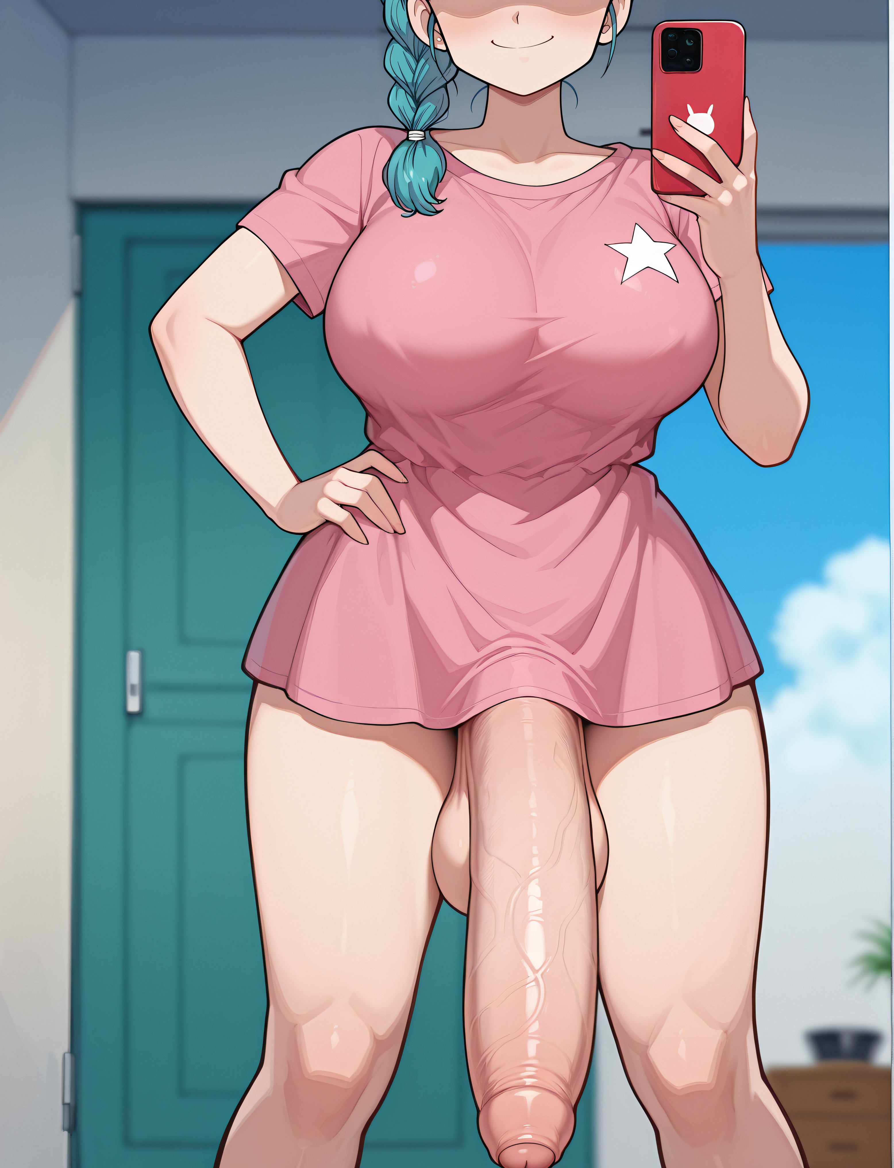 ai generated, balls, big balls, bulma briefs, dragon ball, female, futanari, goth girl, grapesss, intersex, light skin, light-skinned futa, selfie