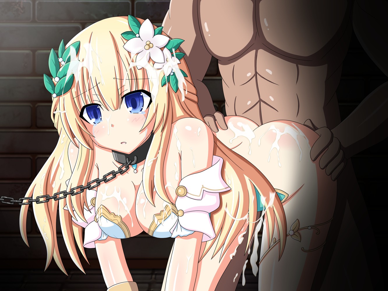 1boy, ass, ass grab, bent over, blonde hair, blue eyes, bondage, breasts, broken rape victim, chains, cleavage, collar, corruption, cum on ass, cum on body, cum on breasts, cum on hair, cyberdimension neptunia, doggy style, dress, empty eyes, female, large breasts, looking at viewer, male, neptunia (series), open mouth, rape, sex, tears, vert, very long hair