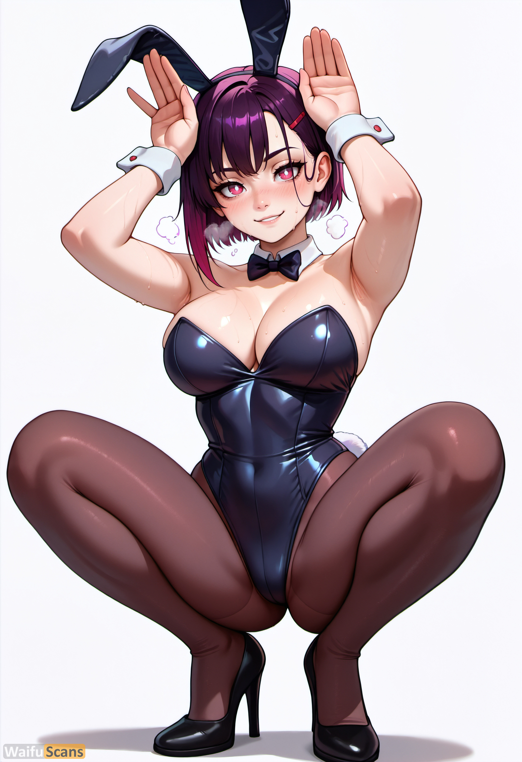 1girls, ai generated, animal ears, armpits, arms up, bangs, bare shoulders, black bow, black bowtie, black footwear, black leotard, blush, bow, bowtie, breasts, brown pantyhose, bunny pose, cleavage, covered navel, detached collar, fake animal ears, female, full body, hair ornament, hairclip, high heels, high resolution, highres, large breasts, leotard, looking at viewer, mikazuki shizuka, pantyhose, parted lips, playboy bunny, purple hair, purple-haired female, rabbit ears, rabbit tail, red eyes, shiny, shiny clothes, short hair, simple background, smile, solo, spread legs, squatting, stable diffusion, sweat, tail, waifuscans418, white background, wrist cuffs, zom 100: zombie ni naru made ni shitai 100 no koto