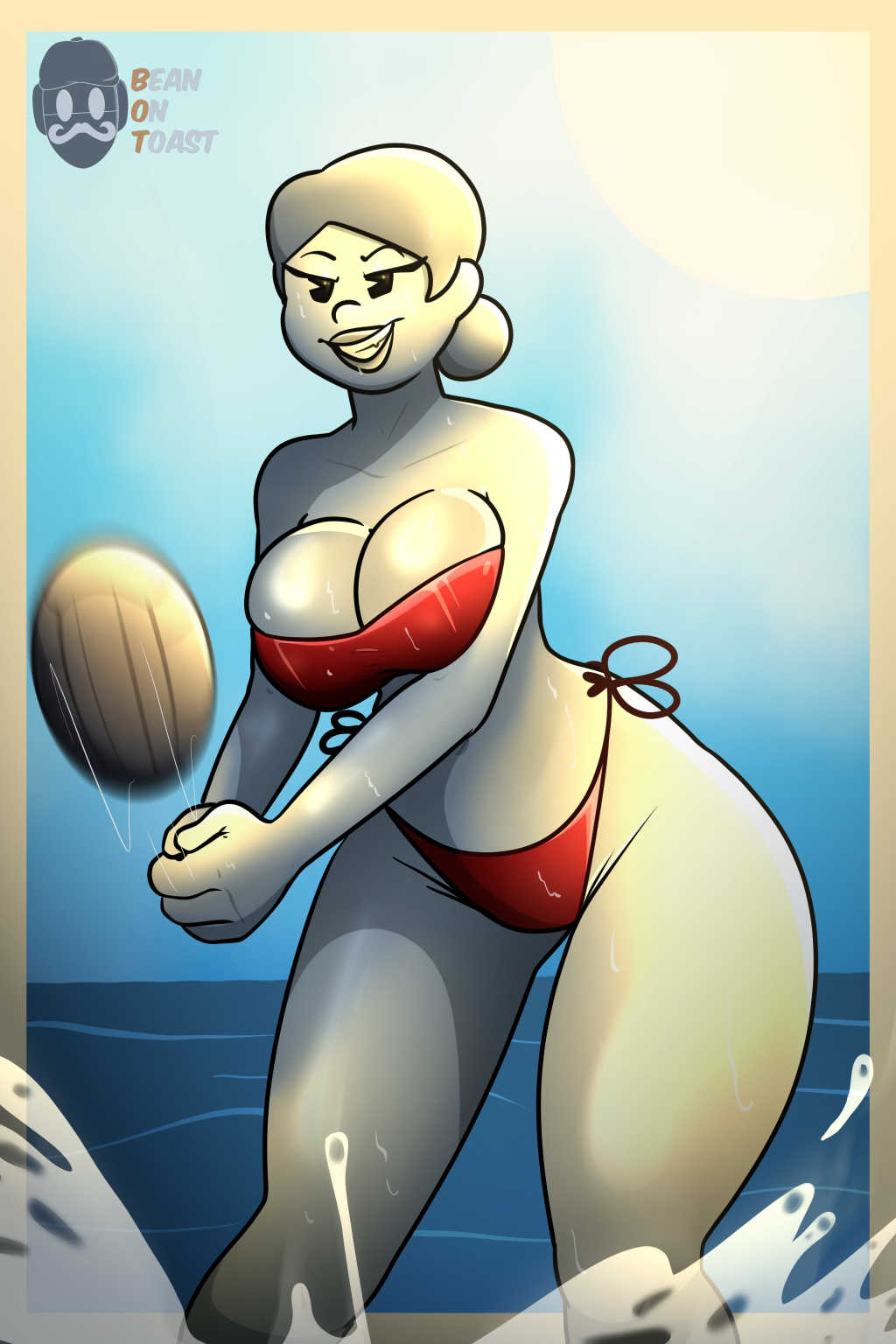 2025 2d 2d_(artwork) 2d_artwork artist_logo artist_name beach beach_background beach_outfit beanontoast big_breasts breasts brenda_(clover) clover_(or3o) female monochrome_characters original_character red_bikini thick_thighs volleyball