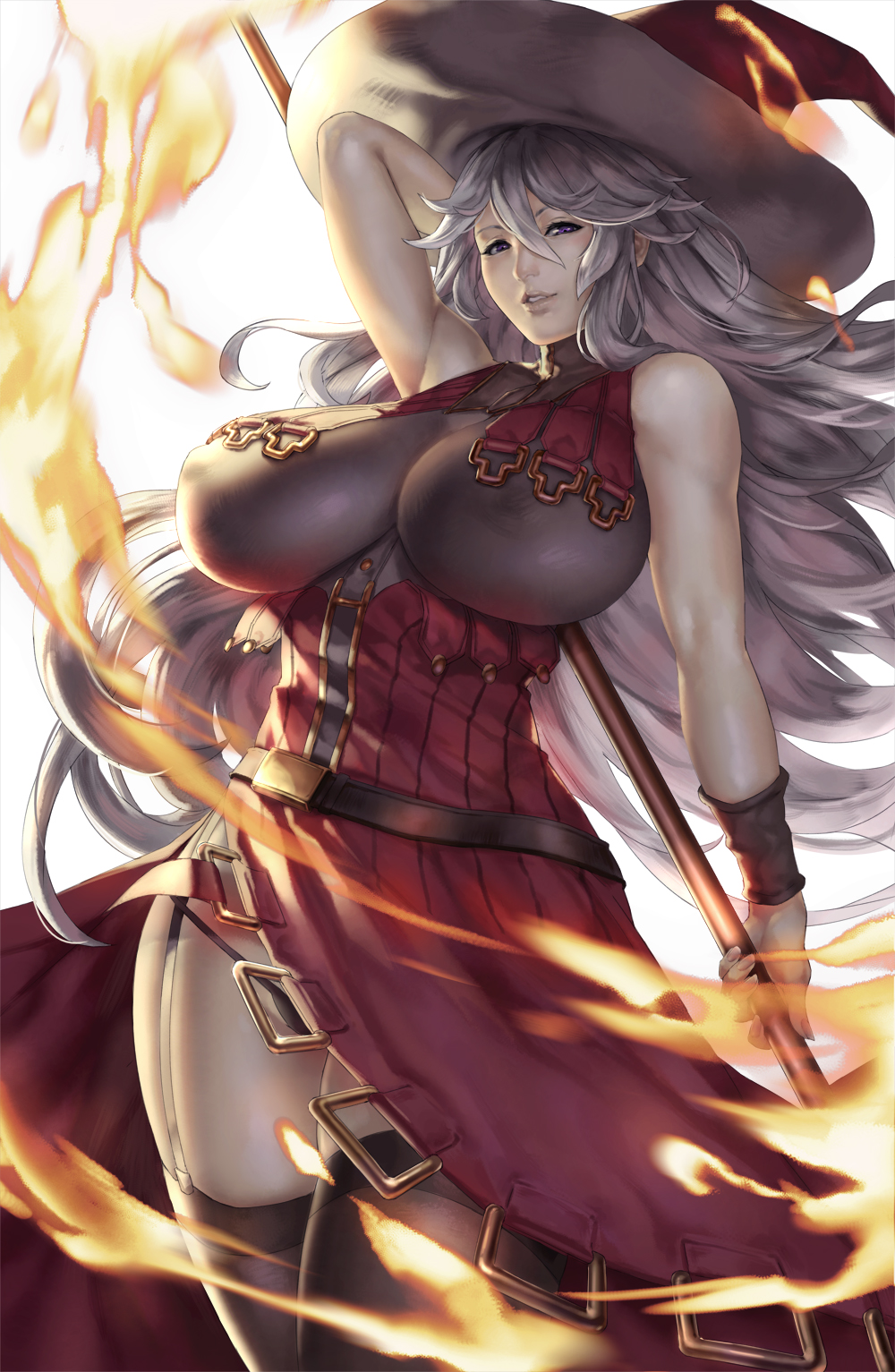 breasts, dress, eu03, female, fire, granblue fantasy, hat, large breasts, long hair, magisa (granblue fantasy), see-through, solo, standing, white hair, witch hat