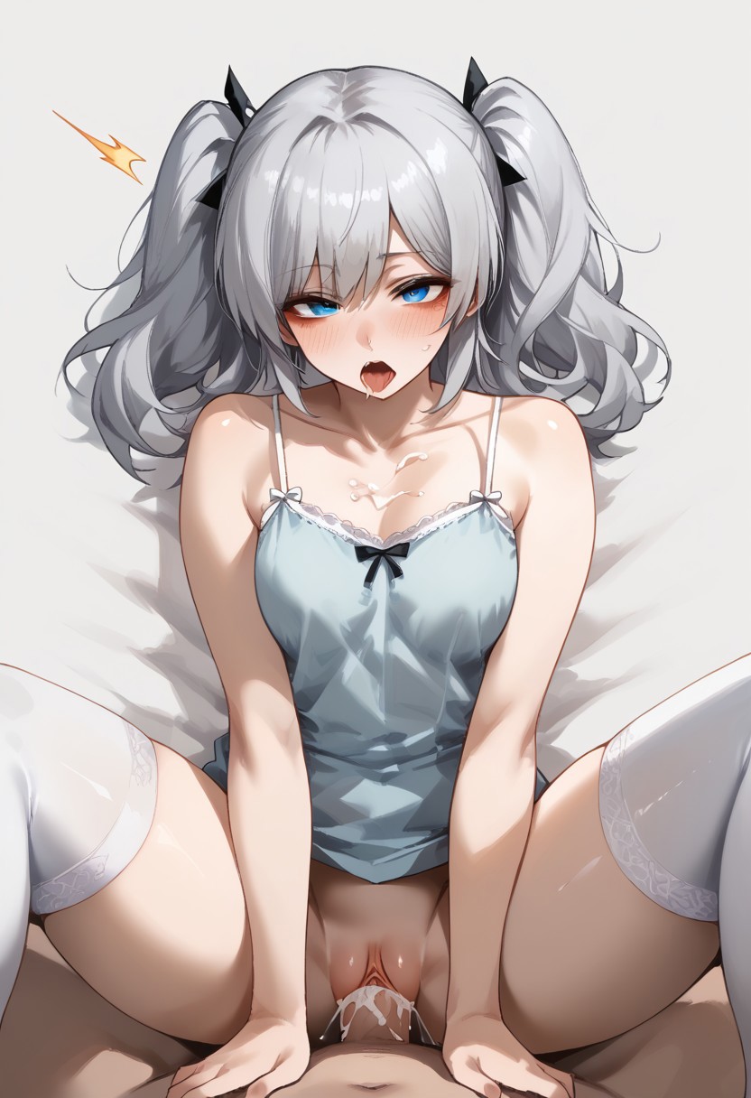 ai generated, ass, blue eyes, brat, breasts, camisole, cum, cum in pussy, cum inside, cum on chest, cumming, fat ass, female, hexd, legs apart, male, male pov, missionary, missionary position, orgasm, original character, pleasure face, pussy, silver hair, small breasts, thick thighs, thigh highs, twintails, vaginal penetration, wide hips