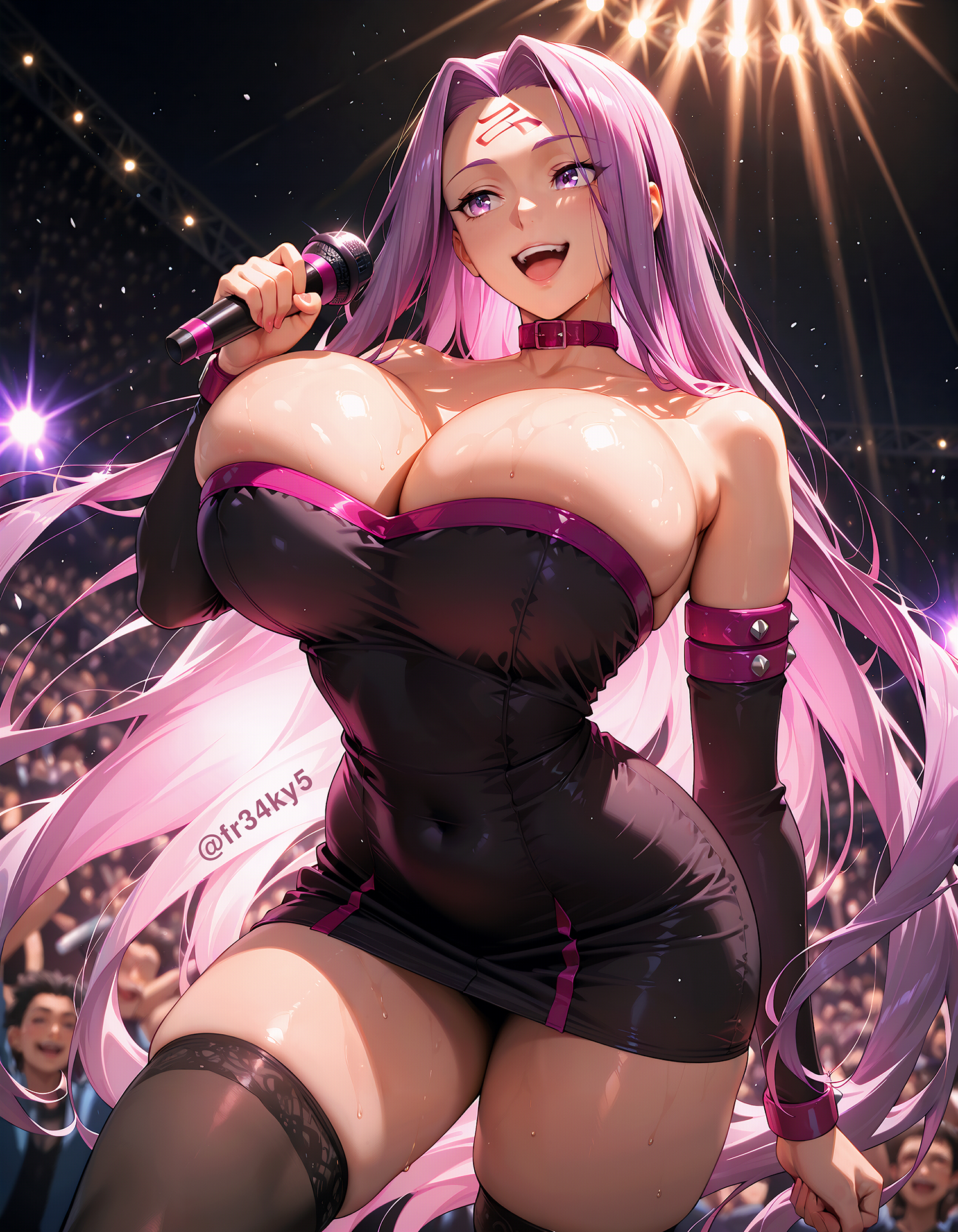 ai generated, breasts, crowd, curvy, fate (series), fate/stay night, female, fr34ky, goddess, huge breasts, medusa (fate), microphone, navel, open mouth, pink hair, thighhighs