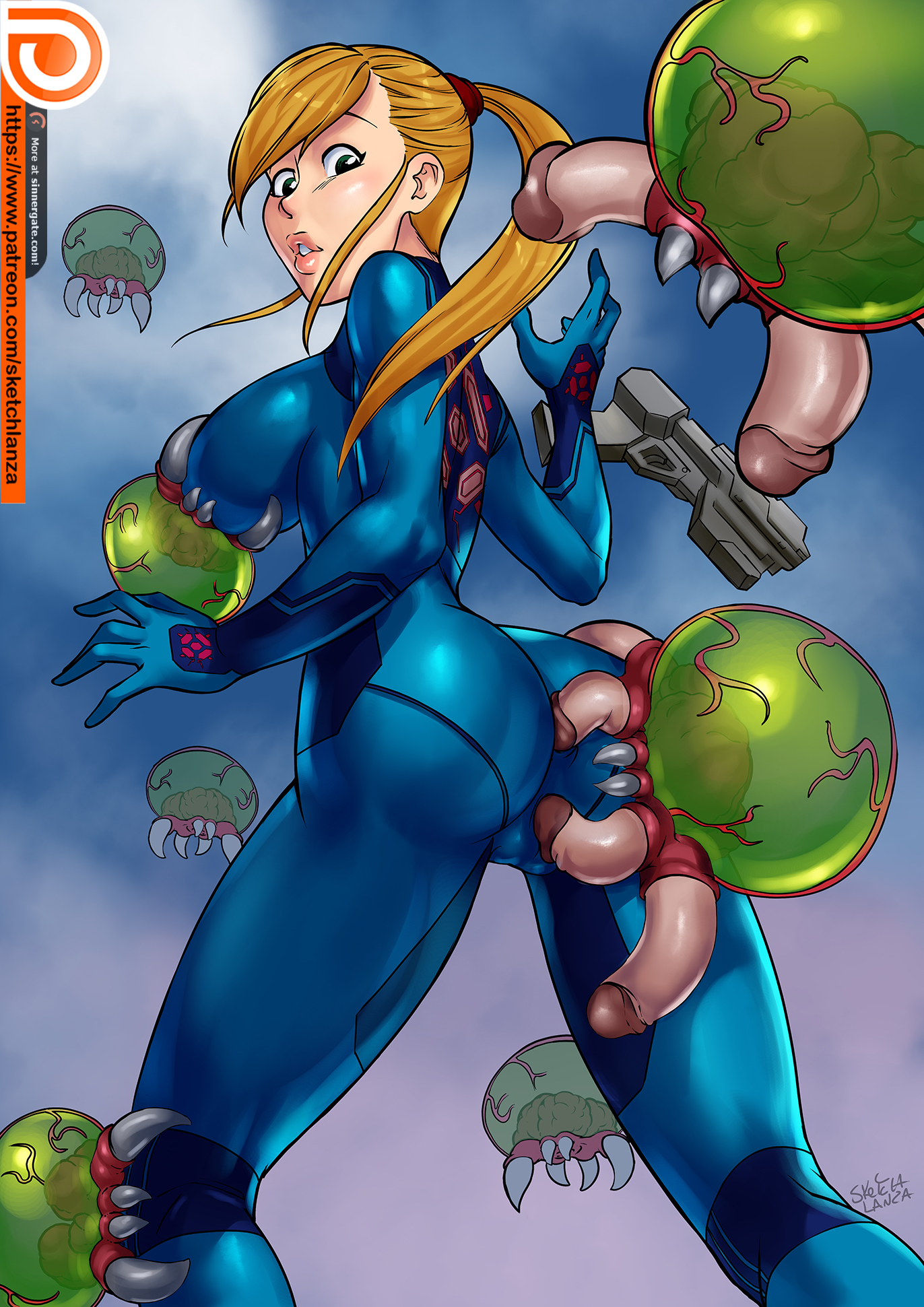 ass, blonde hair, female, male, metroid, metroid (creature), multiple penises, nintendo, penis, ponytail, samus aran, shiny clothes, sketchlanza, standing, tight clothing, zero suit, zero suit samus