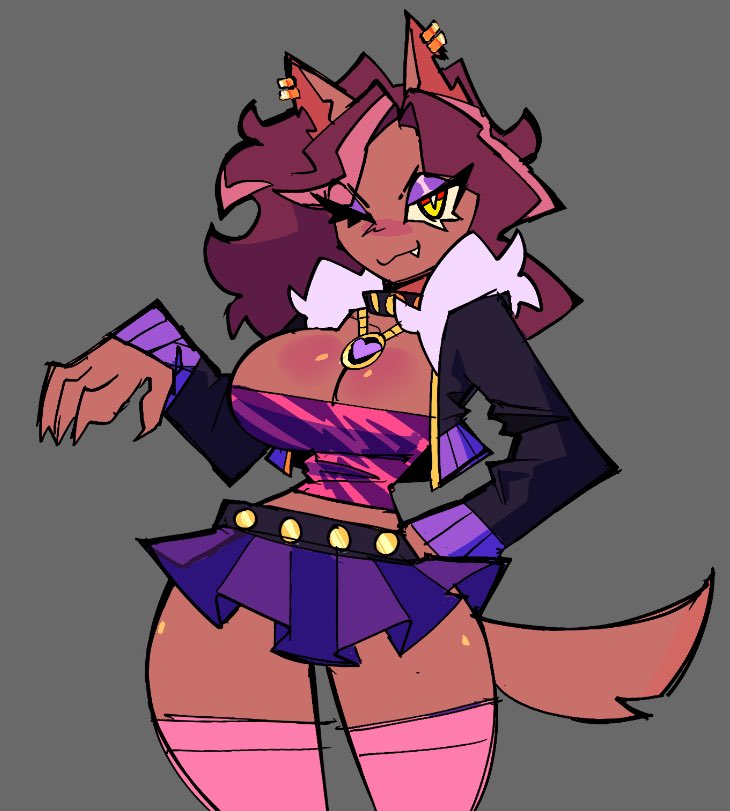animal ears, belt, black jacket, breasts, brown hair, canine humanoid, clawdeen wolf, cleavage, collar, dark skin, female, fur trim, hourglass, hourglass figure, hourglass figured female, hourglass figured humanoid, huge breasts, jacket, jewelry, large breasts, microskirt, midriff, monster high, pink thighhighs, purple eyeshadow, purple skirt, rottingsoup (artist), tail, thick thighs, thighhighs, thin waist, tubetop, wide hips, yellow eyes