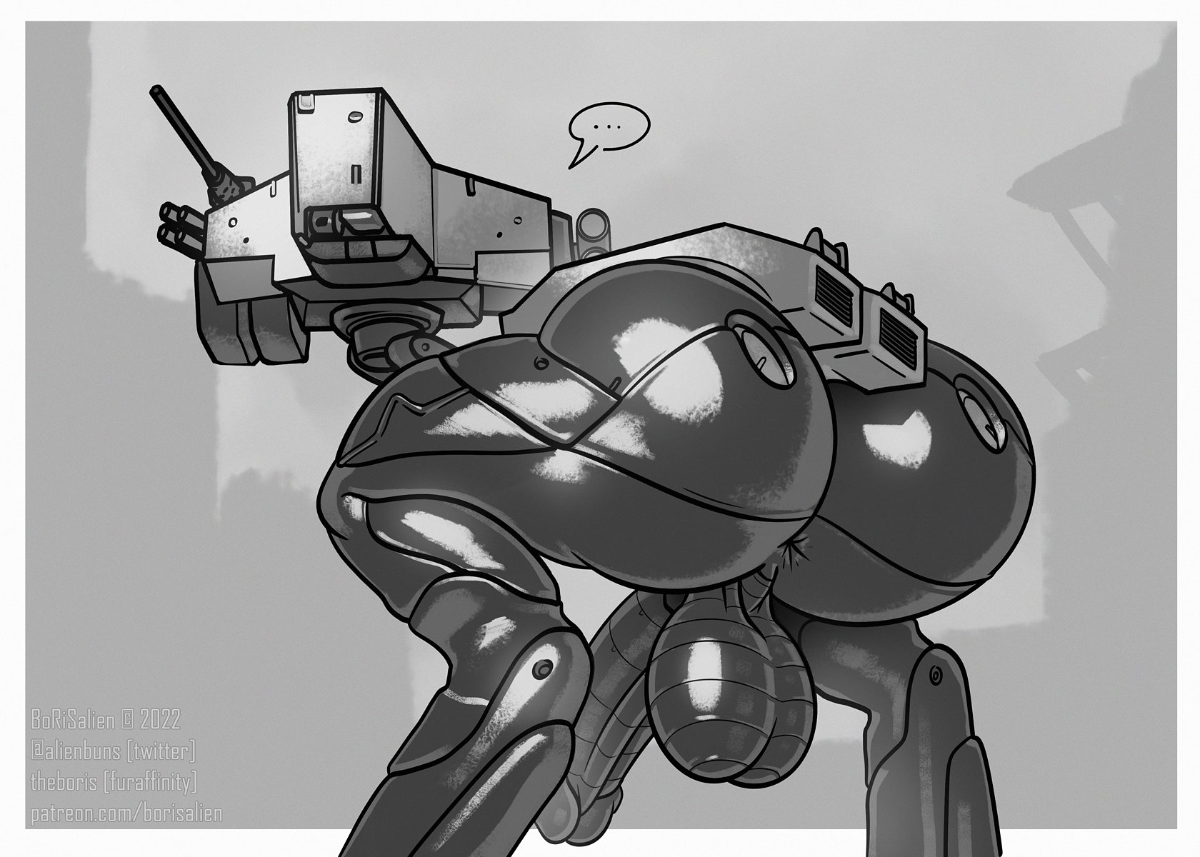 ..., 1boy, a weapon to surpass metal gear, alienbuns, anus, ass, balls, dialogue bubble, firearm, garter straps, gekko (metal gear solid), heart, high heels, huge ass, huge balls, huge cock, male, male only, mechanical, metal gear, metal gear (series), metal gear solid, metal gear solid v, monochrome, no humans, non-human, non-human only, penis, presenting, robot, simple background, sketch, stockings, tagme, thick thighs, two-tone background, weapon, wide hips