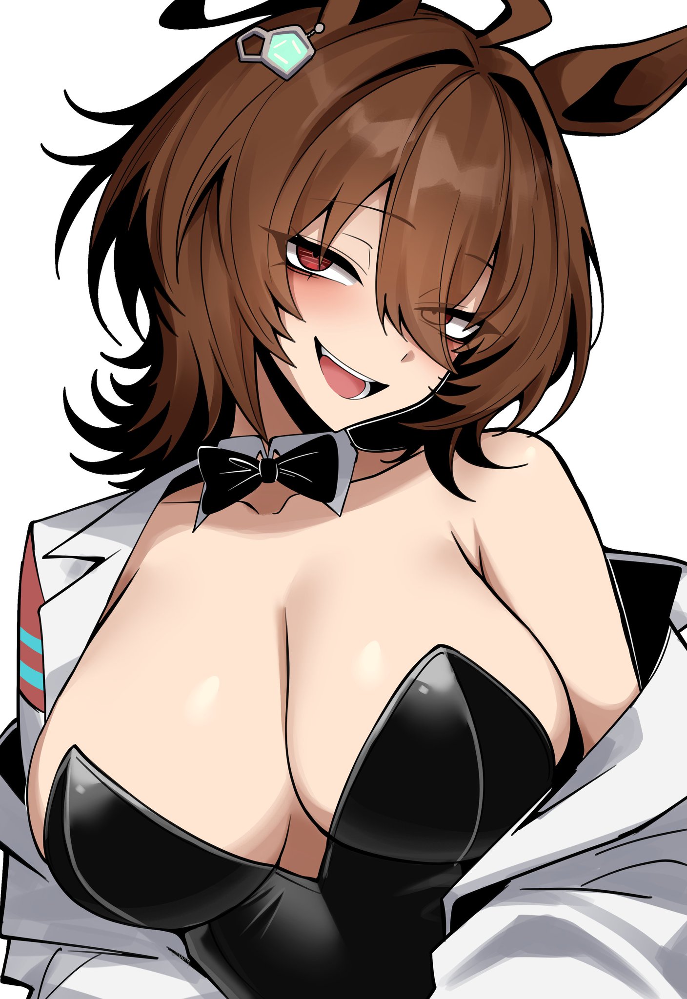 1girls, agnes tachyon (umamusume), animal ears, anime, big breasts, breasts, brown hair, bunnysuit, clothed female, ecchi, female, horse ears, horse girl, labcoat, light-skinned female, not porn, open mouth, red eyes, smile, smirk, solo, solo female, umamusume, vvernerluniq, white background
