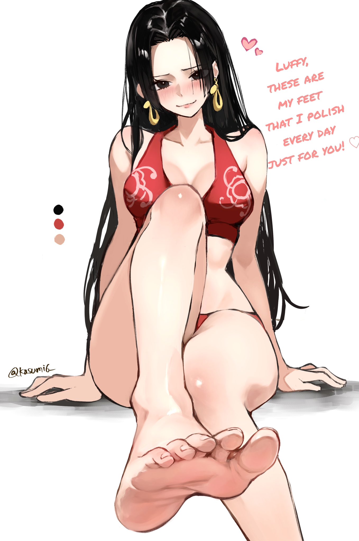1girls, bare legs, barefoot, bikini, black eyes, black hair, black-haired female, blush, boa hancock, bob cut, breasts, clothing, earrings, english text, feet, feet fetish, feet focus, feet up, female, female only, kasumi6, long hair, looking at viewer, medium breasts, one piece, slim waist, soles, thick thighs, toes, wide hips