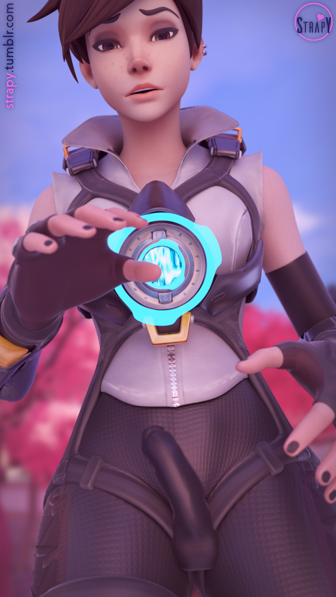 1futa, 3d, blender, cameltail, detailed bulge, dickgirl, erection, erection under clothes, futa only, futanari, intersex, overwatch, short hair, solo, solo futa, strapy, tracer, yellow eyes