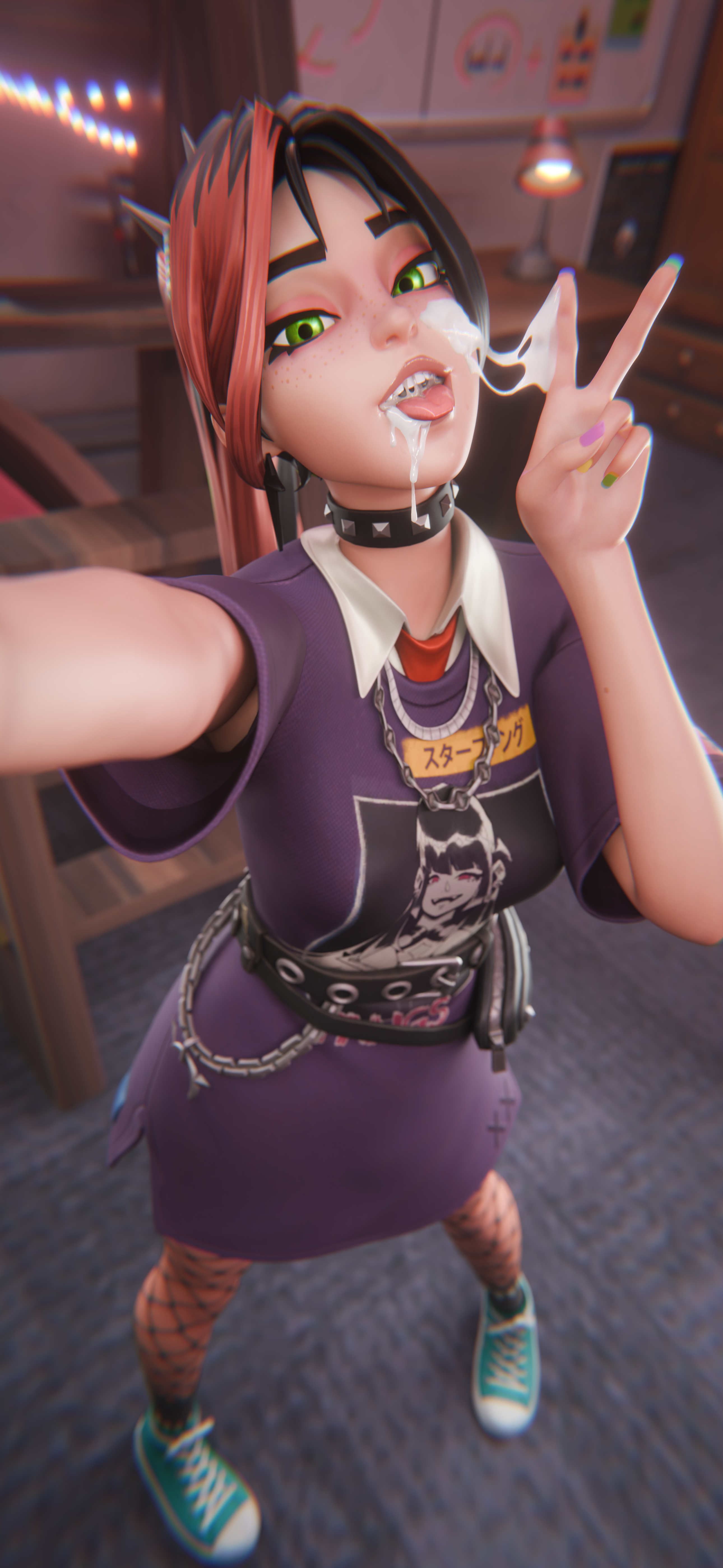 1girls, 3d, clothed, cum drip, cum in mouth, cum on face, excited, female, fortnite, helsie (fortnite), looking at viewer, looking up, peace sign, selfie, tm04, tongue out