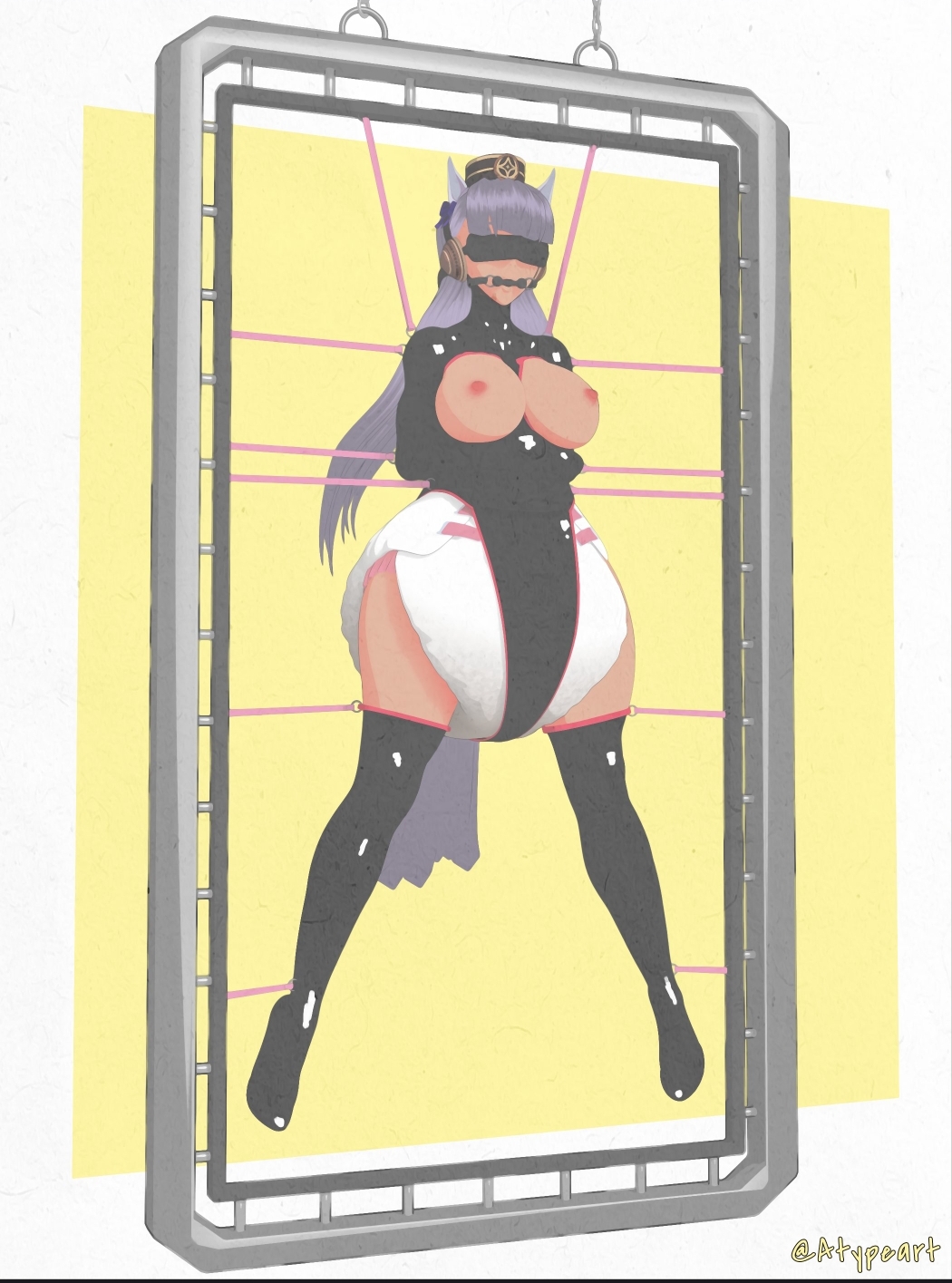 1girls, atypeart, blindfold, blindfolded, bondage, bound, bound arms, bound legs, breasts, diaper, female, female only, gag, gagged, gold ship (umamusume), latex, purple hair, stationary restraints, suspended, suspension, umamusume, umamusume pretty derby