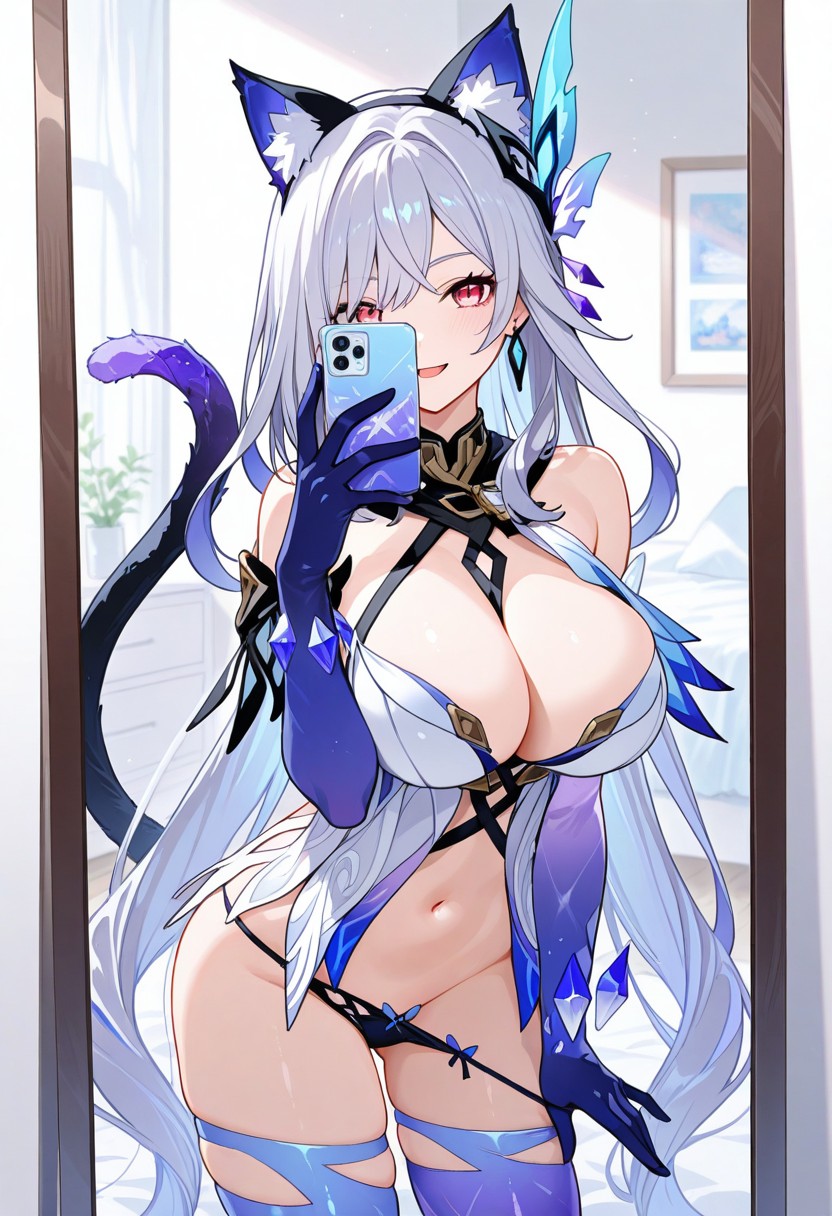 ai generated, breasts, female, genshin impact, looking at viewer, navel, open mouth, selfie, skirk (genshin impact), smartphone, yodayo
