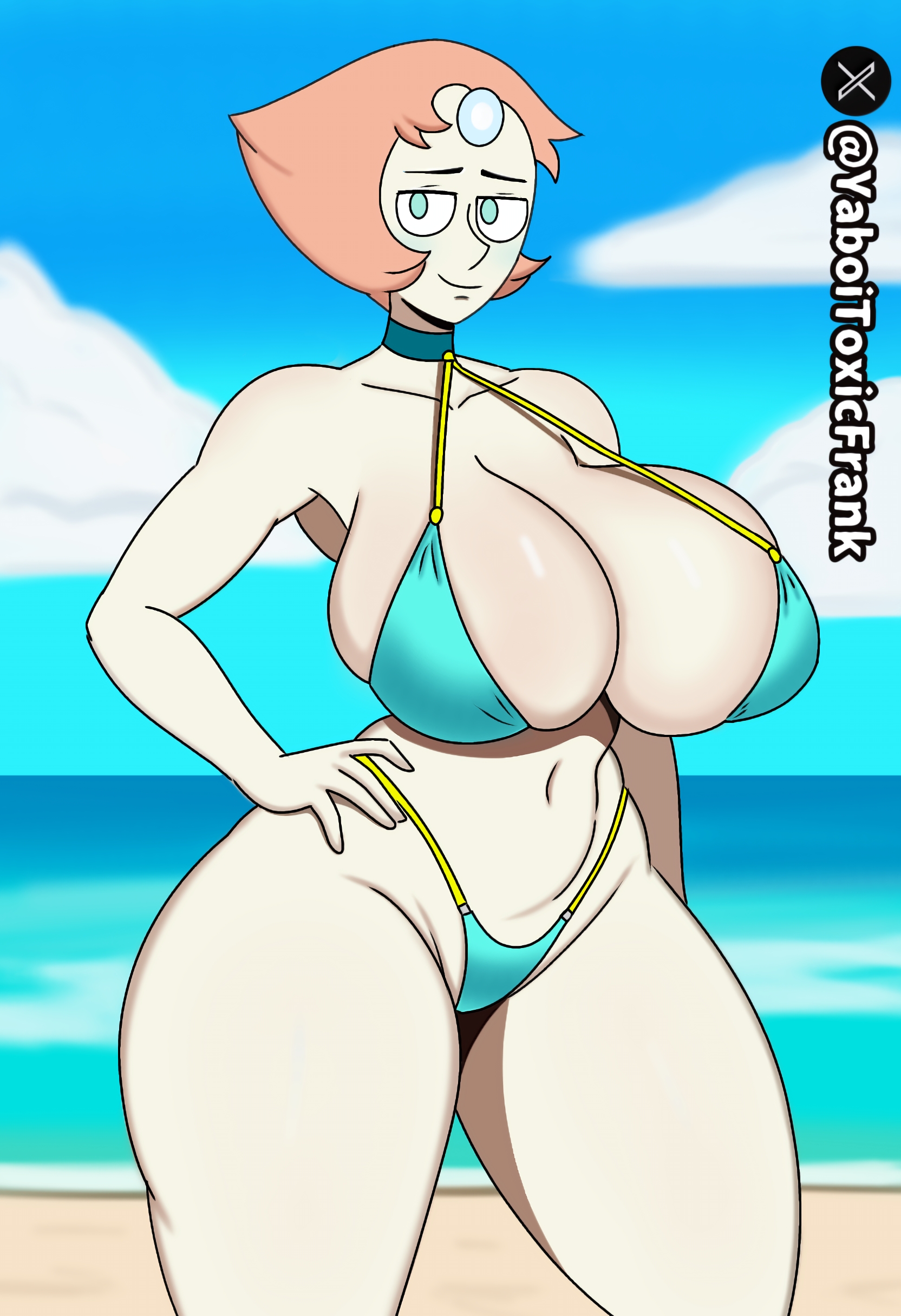 2d, beach, beach background, bikini, blush, breasts, cartoon network, female, gem (species), hand on hip, huge breasts, pale skin, pearl (steven universe), self upload, smiling, steven universe, thick ass, thick legs, thick thighs, tight clothing, white skin, yaboitoxicfrank