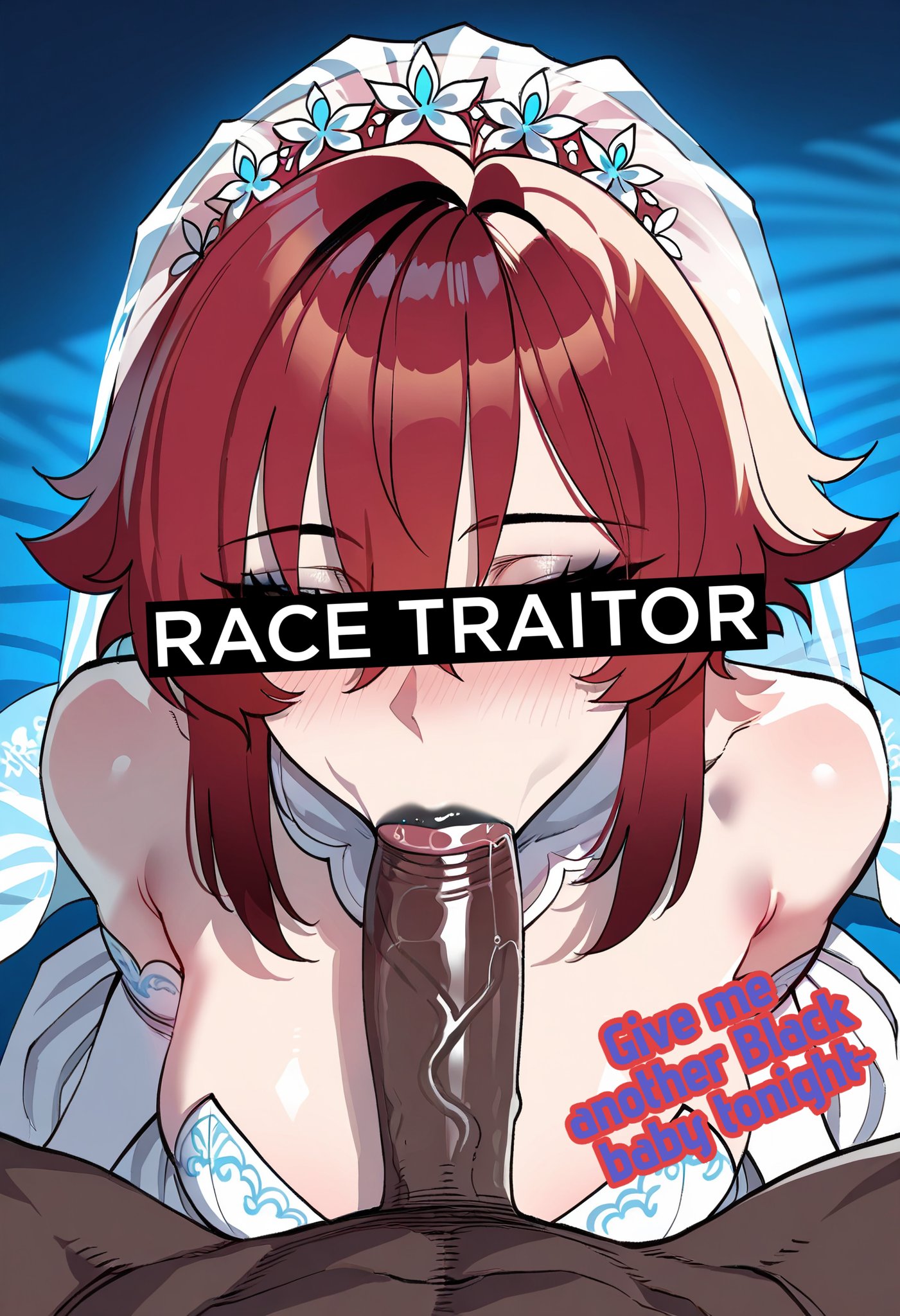 1boy, 1girls, ai generated, big penis, dark skin, dark-skinned male, english text, fellatio, female, interracial, male, penis, raceplay, red hair, shimmer (artist), text, uncensored, wedding dress, wedding veil