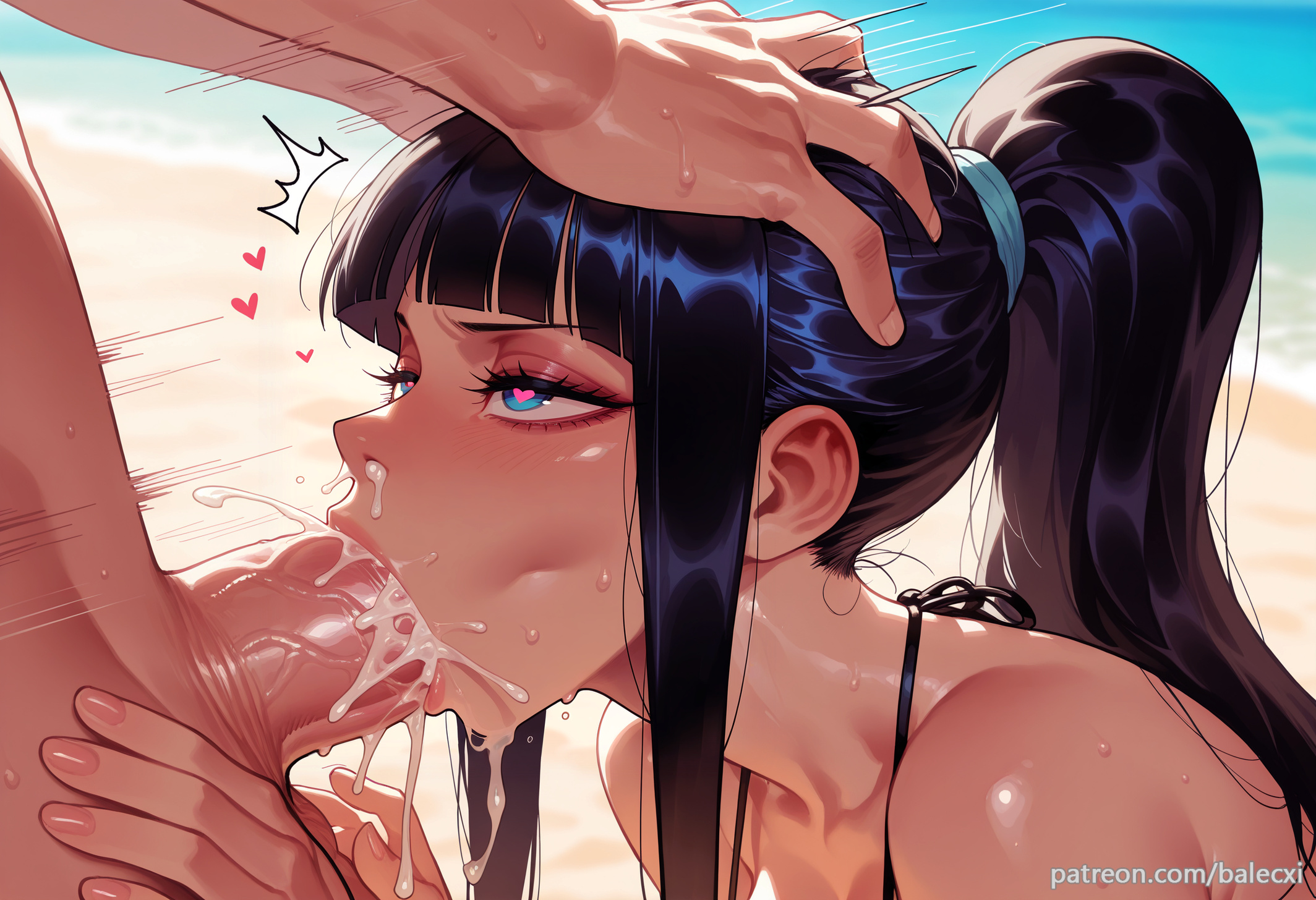 1boy, ai generated, balecxi, beach, bikini, black hair, blowjob, blue eyes, blunt bangs, blurry background, blush, cum in mouth, cum in nose, cum in nostrils, cum overflow, cum snarf, day, deepthroat, fellatio, female, half-closed eyes, heart, heart-shaped pupils, large penis, male, nico robin, ocean, one piece, oral, outdoors, patreon username, penis, ponytail, saliva, sidelocks, snarf, straight, sweat, swimsuit, symbol-shaped pupils, uncensored, web address
