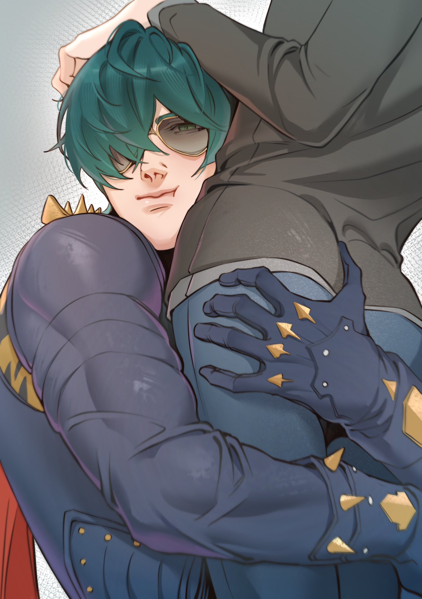ass, ass focus, ass grab, closed mouth, clothed, clothing, fully clothed, gay, gloves, hand on another's ass, hand on ass, jacket, lighter (zenless zone zero), male, male focus, male only, muscular, muscular male, pants, purrana, shirt, sunglasses, wise (zenless zone zero), yaoi, zenless zone zero