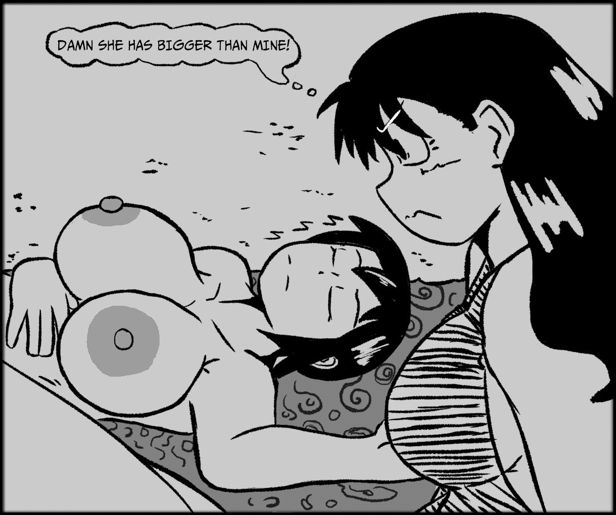 2girls, angry, azumanga daiou, beach, black and white, black hair, breast envy, breasts, dialogue box, female, greyscale, jealous, large areolae, large breasts, long hair, lying, lying on back, monochrome, multiple females, multiple girls, nezura, nipples, nude, nude female, nyamo minamo kurosawa, on back, public indecency, public nudity, sleeping, swimsuit, yukari tanizaki