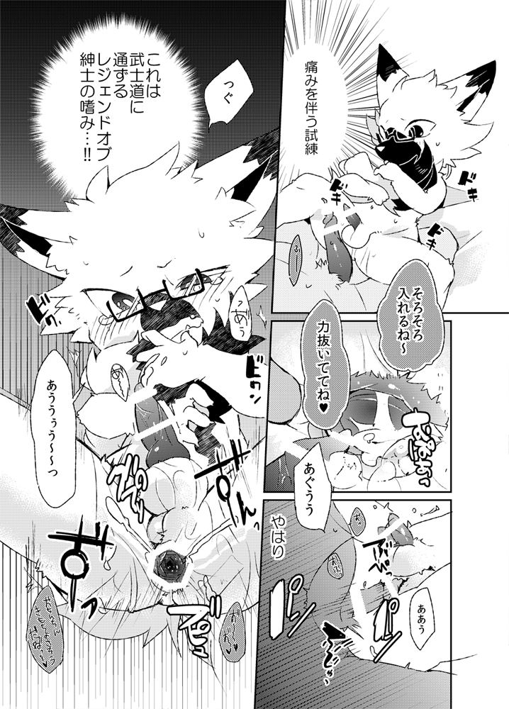 2015 anal anal_sex animal_genitalia animal_penis anthro balls canine canine_penis censored comic doujinshi eyewear fox furry glasses japanese_text knot male mammal open_mouth penetration penis porcine porcine_penis sanrio shiroi show_by_rock!! sweat text translation_request yaiba_(show_by_rock!!) yaoi young