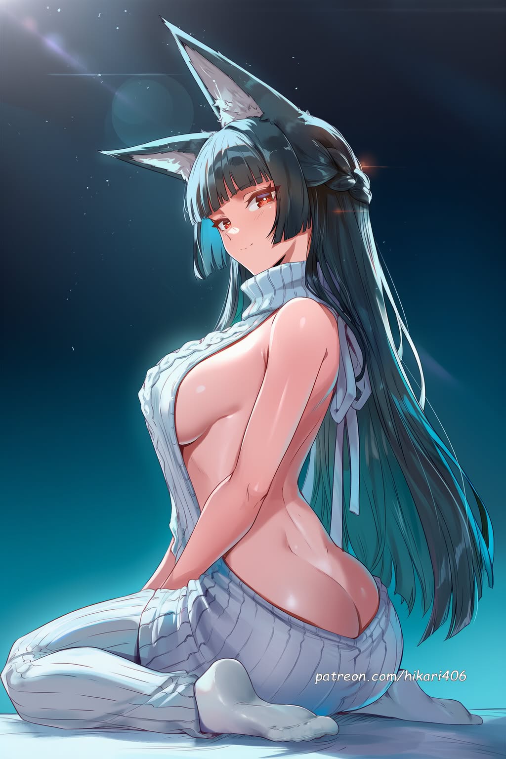 ai generated, animal ear fluff, animal ears, aran sweater, ass, backless dress, backless outfit, bare back, bare shoulders, black hair, blunt bangs, braid, breasts, butt crack, cable knit, closed mouth, dress, female, fox ears, grey sweater, halterneck, hikari406, hoshimi miyabi, large breasts, long hair, looking at viewer, meme attire, naked sweater, no shoes, red eyes, ribbed sweater, sideboob, sitting, smile, socks, solo, sweater, sweater dress, turtleneck, turtleneck sweater, uncensored, virgin killer sweater, wariza, white socks, zenless zone zero
