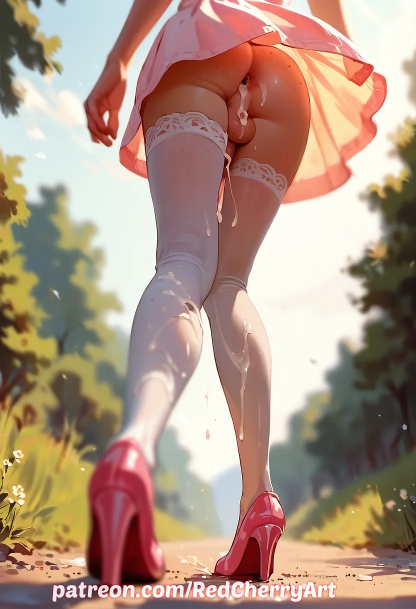 ai generated, crossdressing, cum, cum in ass, cum on legs, dress, femboy, from below, heels, male, no panties, otoko no ko, redcherryart, sissy, stockings, trap, walking, yaoi