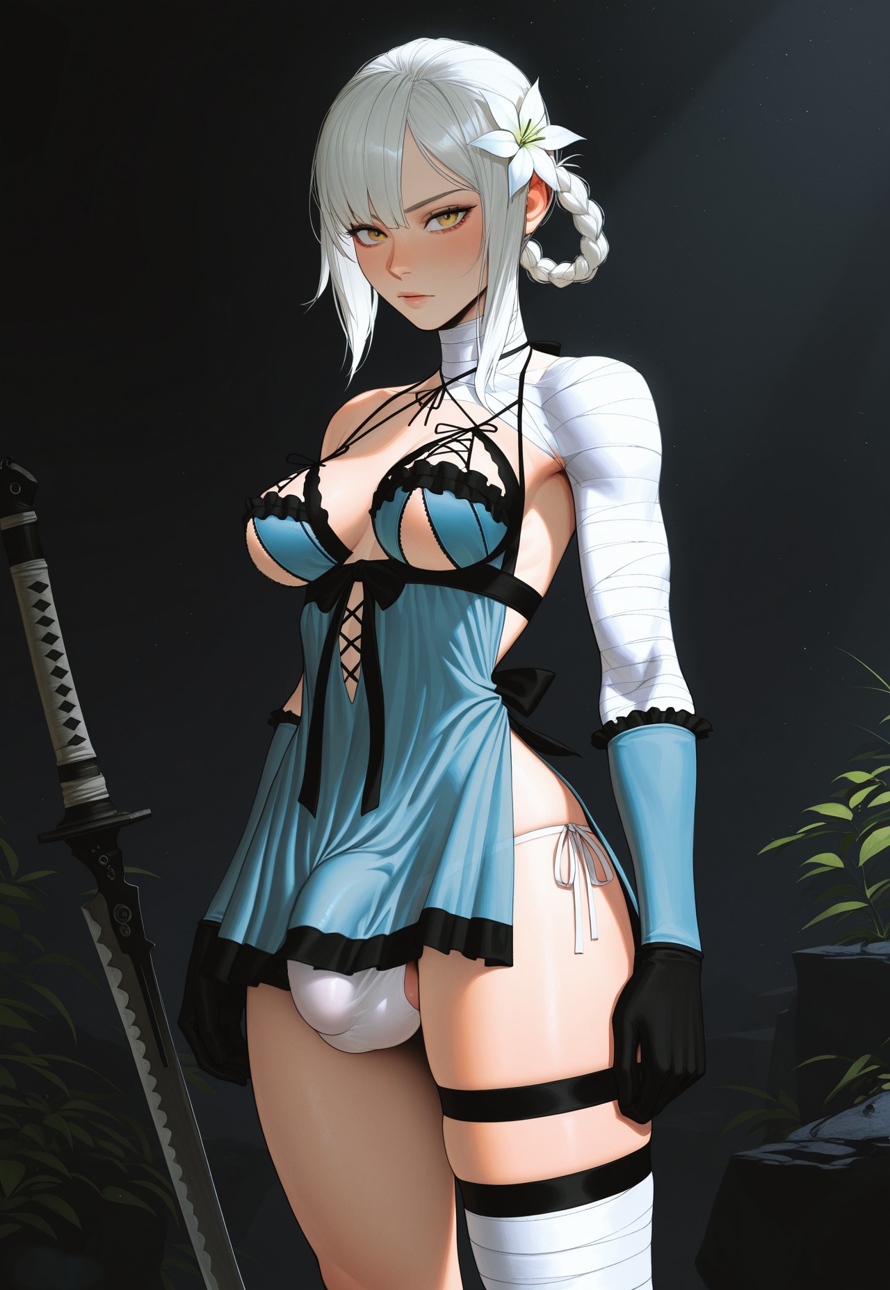 1futa, 2d, ai generated, armpits, bandage, bandaged arm, bangs, big penis, bow, braid, breasts, bulge, closed mouth, flaccid, futanari, huge cock, intersex, kaine (nier), lingerie, looking at viewer, medium breasts, negligee, nier, nier replicant, panties, penis, santopati, self upload, standing, sword, uncensored, white hair, white panties