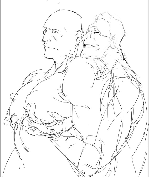 bara, bara tits, big pecs, breasts, fat, gay, glasses, grabbing from behind, grabbing pecs, heavy (team fortress 2), heavy weapons guy, large pectorals, male, male only, manboobs, medic (team fortress 2), older male, pec grab, pec grasp, pec squeeze, shirtless, size difference, sketch, smug, team fortress 2, windfromfareast, yaoi