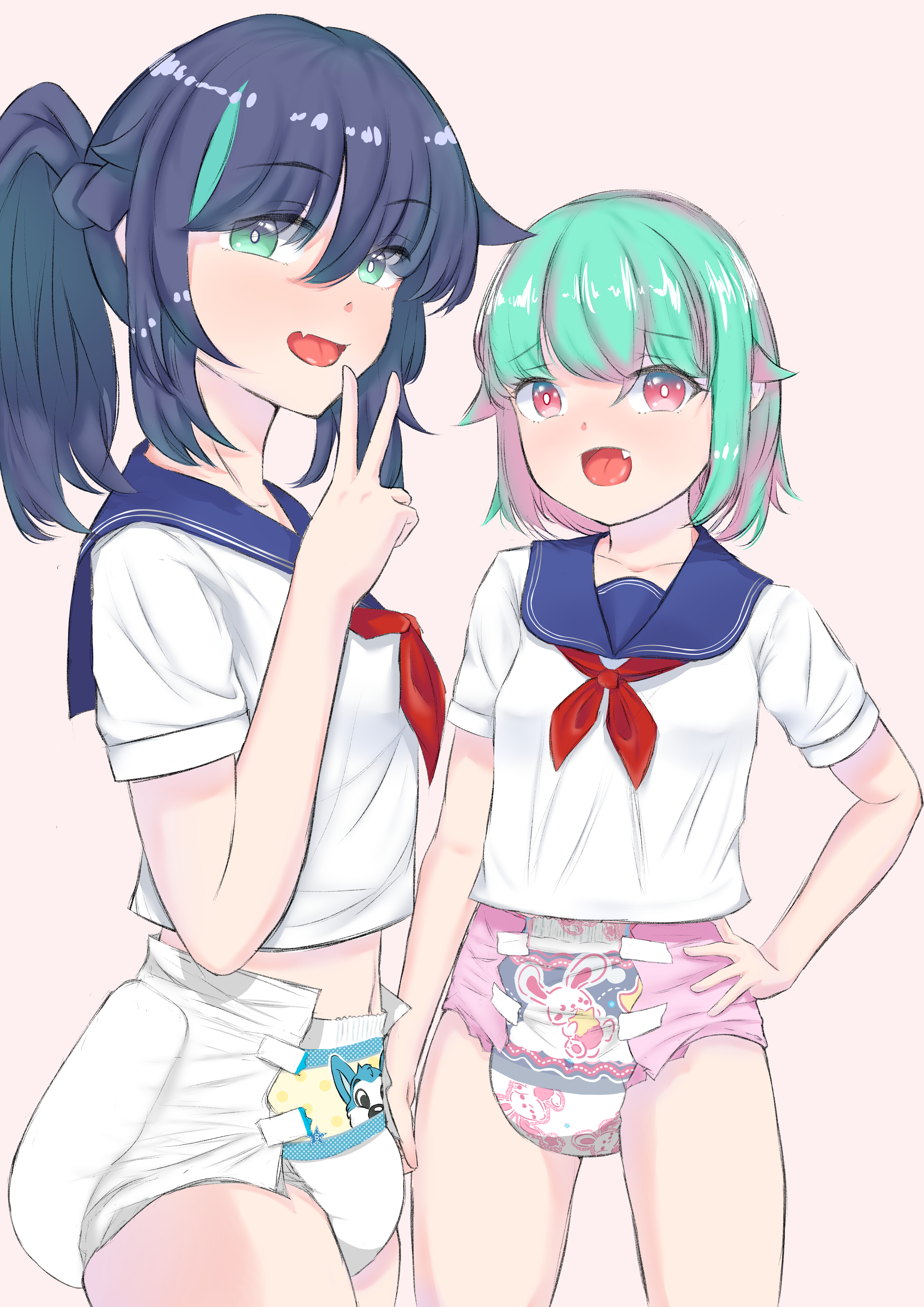 2girls, abdl, absurd res, abu bunnyhopps, abu peekabu, black hair, breasts, cute fang, diaper, female, green eyes, green hair, hand on own hip, highres, multicolored hair, multiple females, multiple girls, open mouth, original, peek, pink diaper, pink eyes, ponytail, print diaper, sailor collar, school uniform, serafuku, short hair, skin fang, small breasts, sypztep, v