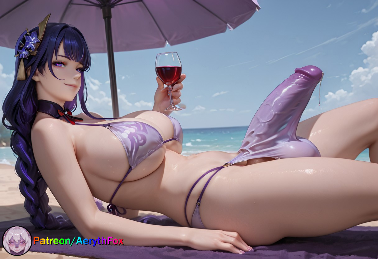 1futa, abs, aerythfox, ai, ai art, ai generated, armpits, beach, big breasts, bikini, breasts, female, futa only, futanari, genshin impact, intersex, looking at viewer, milf, mommy, patreon, patreon username, purple eyes, purple hair, raiden shogun, solo, tagme, umbrella