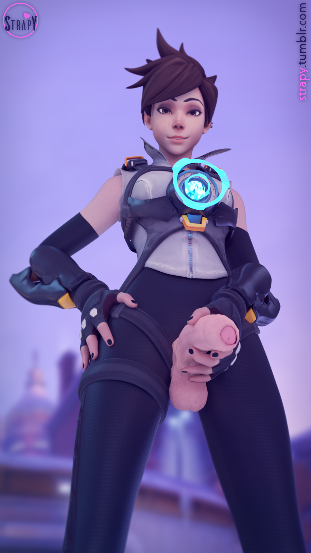 1futa, 3d, big penis, blender, dickgirl, futa only, futanari, intersex, overwatch, penis, short hair, solo, solo futa, strapy, taker pov, tracer, yellow eyes