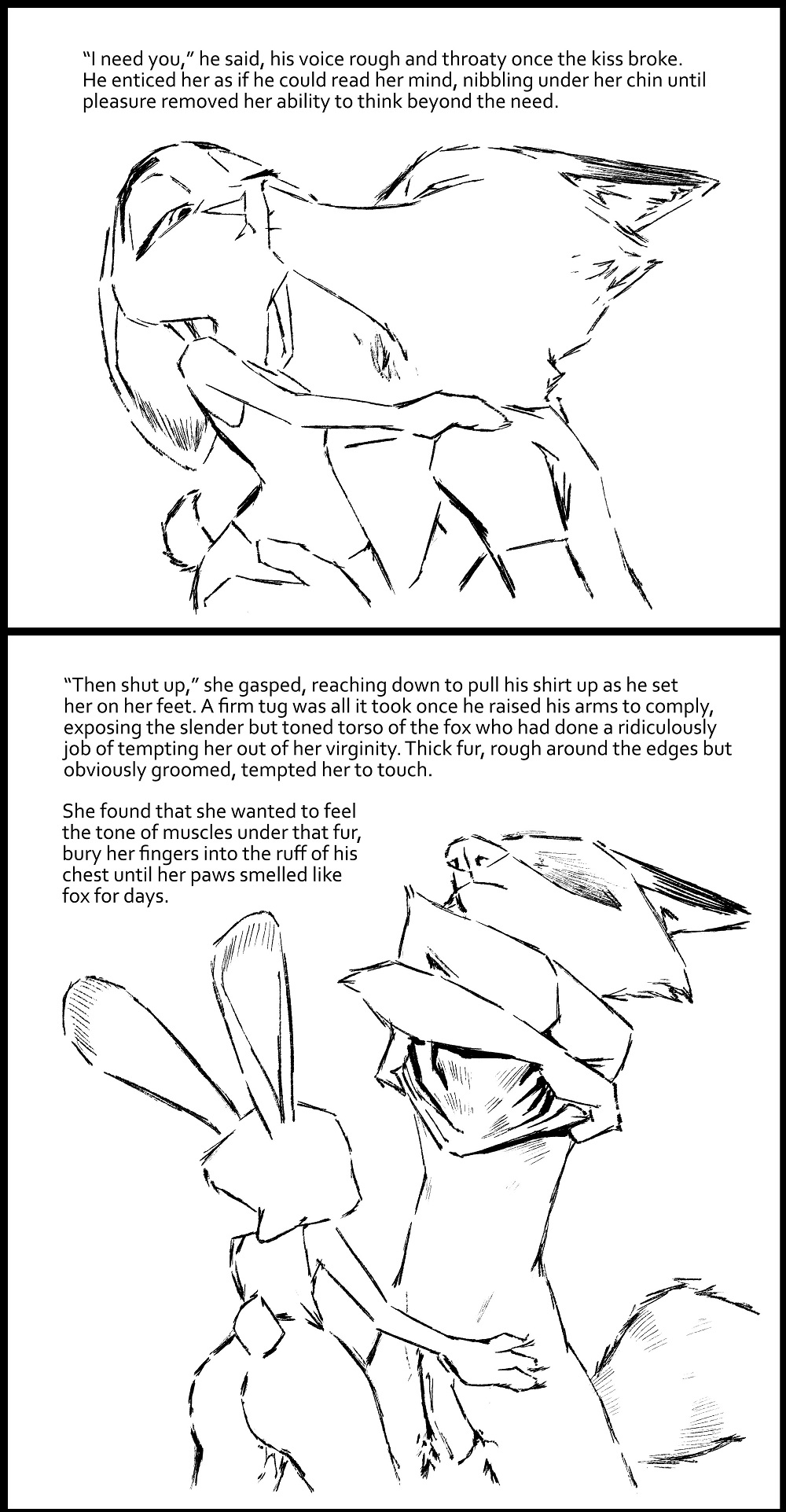 2017 anthro ass barefoot black_and_white bottomless canine clothed clothing clothing_lift comic dipstick_ears disney duo english_text erection female fox judy_hopps kissing lagomorph male mammal monochrome nick_wilde one_eye_closed penis pussy_juice rabbit shirt shirt_lift simple_background straight text thewyvernsweaver undressing white_background zootopia