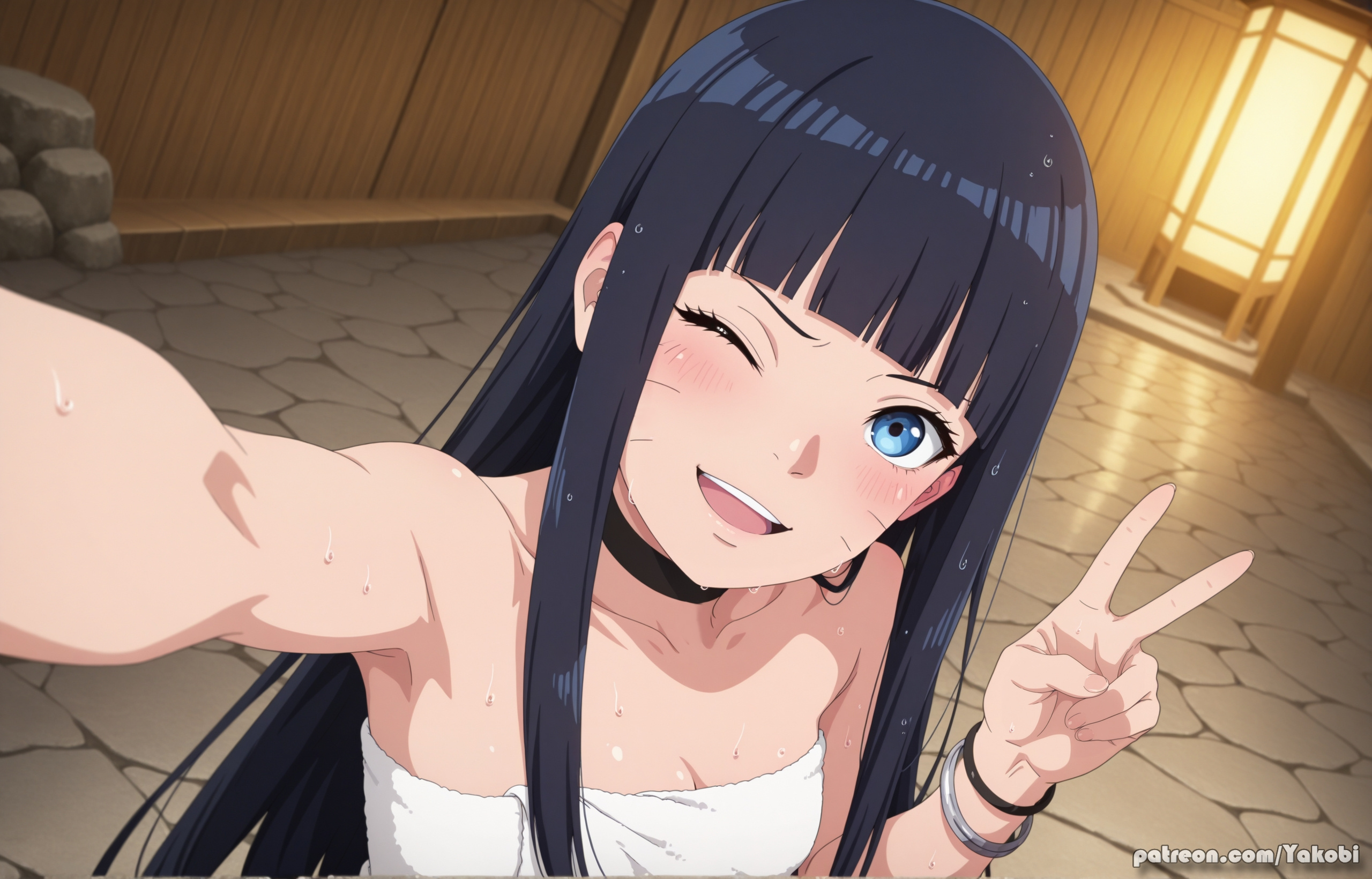 1girls, ai generated, anime style, bath, boruto: two blue vortex, female, female only, long hair, naruto, naruto (series), teenage female, teenager, towel, towel only, uzumaki himawari, very long hair