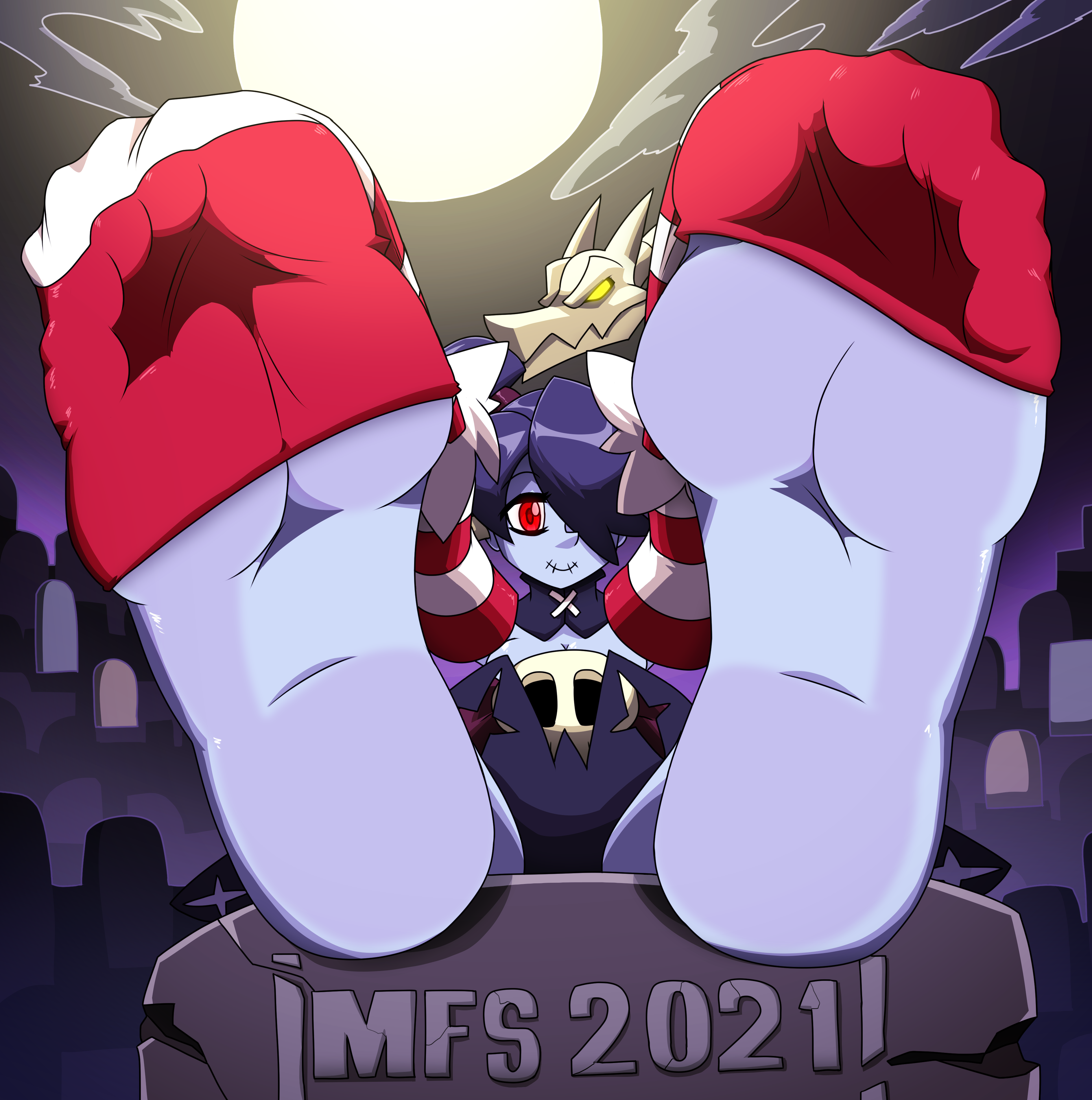 1girls, 2021, barefoot, cemetery, cleavage, close up, close up feet, close up view, close-up, close-up feet, closeup, closeup feet, closeup view, feet, feet focus, female, female focus, female only, foot fetish, full moon, gravestone, graveyard, highres, leviathan (skullgirls), moon, mostlyfunstuff, night, pigtail, purple hair, purple skin, red and white stockings, red eyes, skullgirls, socks removed, soles, soles female, soles with toes unseen, squigly, stockings, striped stockings, tease, teasing, toes, twintails, zombie, zombie girl