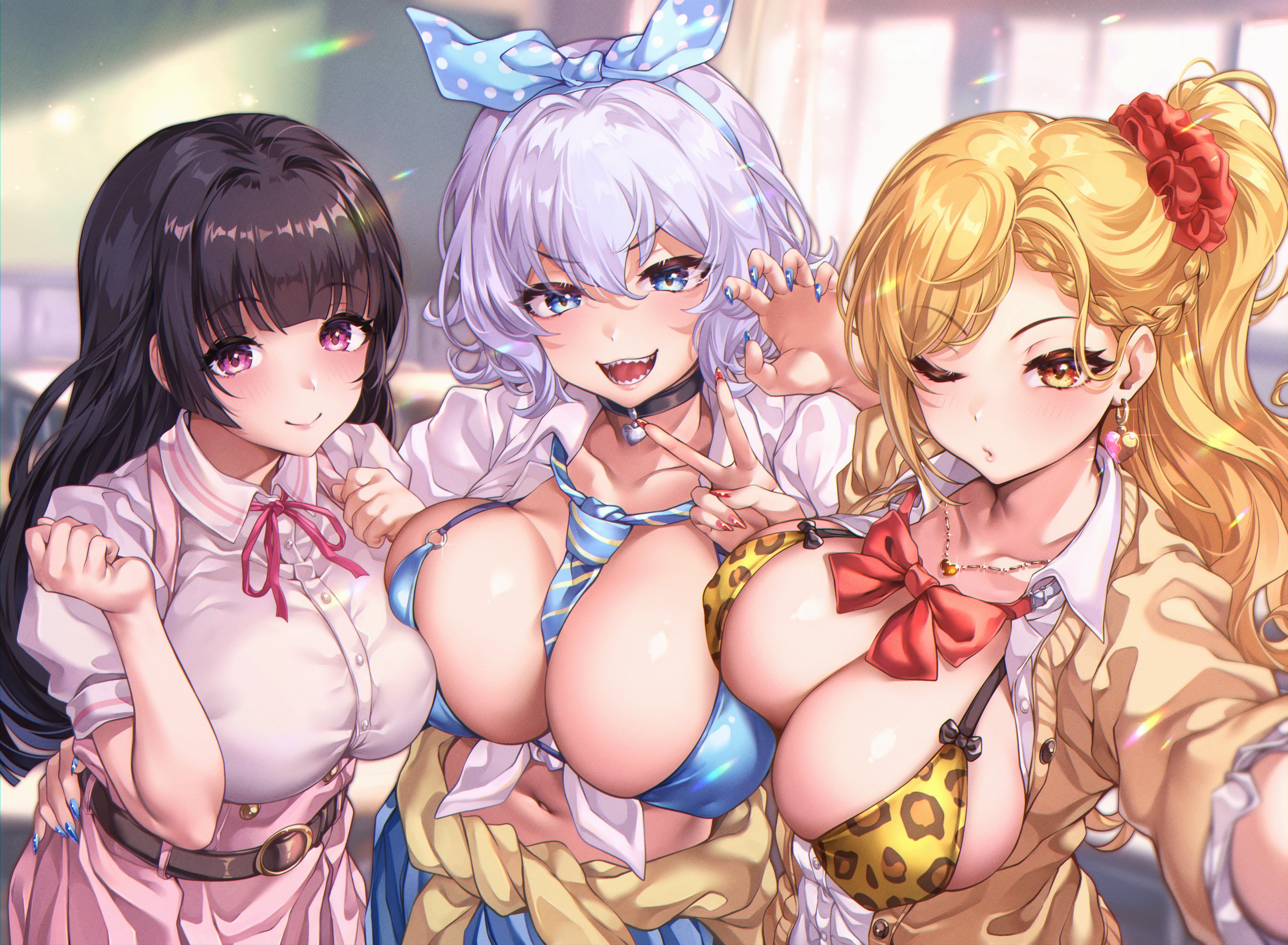 3girls, animal print, belt, between breasts, bikini, black choker, black hair, blonde hair, blue bikini, blue eyes, blue hairband, blue nails, blue necktie, blue skirt, blurry, blurry background, bow, bow hairband, bowtie, braid, braided bangs, breast press, breasts, breasts day, brown belt, brown cardigan, cardigan, cardigan around waist, choker, claw pose, cleavage, closed mouth, clothes around waist, collared shirt, commentary request, diagonal-striped clothes, diagonal-striped necktie, dress shirt, female, galholic, gyaru, hair between eyes, hairband, hand on another's hip, hand up, hands up, highres, indoors, jewelry, kogal, large breasts, leopard print, long hair, looking at viewer, mio (galholic), momoka (galholic), multiple females, multiple girls, nail polish, nanaho (galholic), navel, neck ribbon, necklace, necktie, necktie between breasts, one eye closed, open cardigan, open clothes, open mouth, outstretched arm, pendant choker, pink eyes, pink shirt, pink skirt, pleated skirt, polka dot hairband, print bikini, purple hair, red bow, red bowtie, red nails, red ribbon, red scrunchie, ribbon, school uniform, scrunchie, sharp teeth, shashaki, shirt, side ponytail, skirt, smile, striped clothes, swimsuit, teeth, tied shirt, upper body, v, v-shaped eyebrows, very long fingernails, white shirt, yellow bikini, yellow eyes