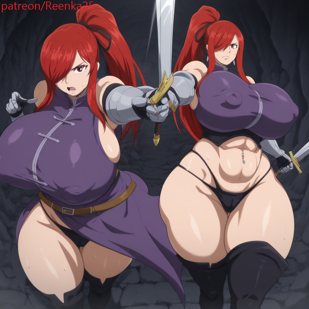 1girls, abs, ai, ai generated, belly button, belly button piercing, belt, big ass, big breasts, black footwear, black panties, breasts, brown eyes, cameltoe, cave, earrings, elbow gloves, erect nipples, erza scarlet, fairy tail, female, gauntlets, hair ribbon, high ponytail, huge ass, huge breasts, jewelry, long hair, pointing, pointing at viewer, ponytail, purple dress, pussy, red hair, reenka25, sidelocks, thick, thick thighs, thigh boots