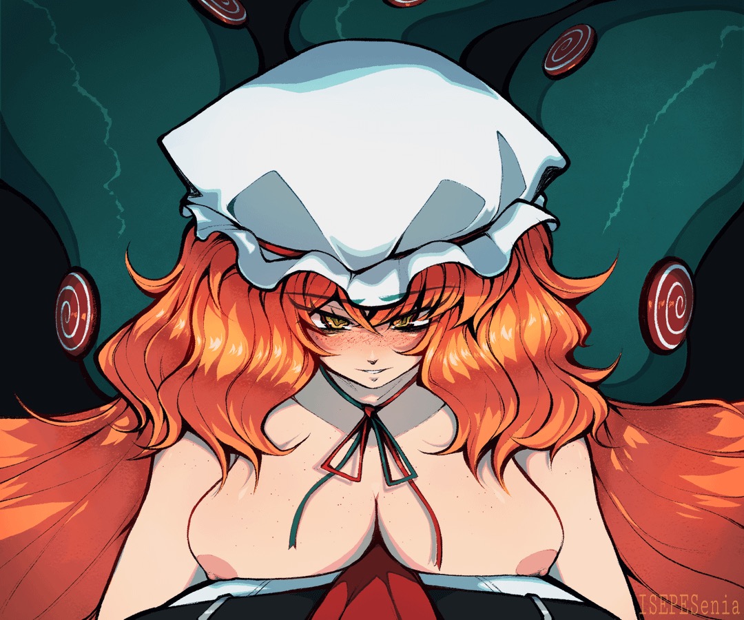 1girls, areolae, big breasts, blush, bonnet, breasts, candy, christmas, e.g.o (project moon), female, fluffy hair, freckles, hat, hat only, isepesenia, ishmael (limbus company), limbus company, looking at viewer, nipples, orange hair, peppermint, project moon, ribbon, solo, tentacle