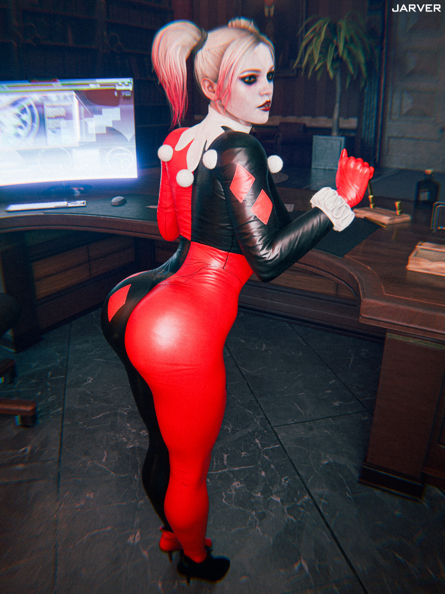 1girls, 3d, 3d (artwork), 3d model, 3d render, artist name, ass, batman (series), bbig ass, blonde hair, bodysuit, clothed, dc, dc comics, eyeshadow, female, female only, gloves, harley quinn, harley quinn (classic), harley quinn (injustice), heels, injustice 2, jarver, jester, jester costume, jester outfit, large ass, latex, latex clothing, lipstick, makeup, mascara, office, pinup, red highlights, red lipstick, solo, solo female