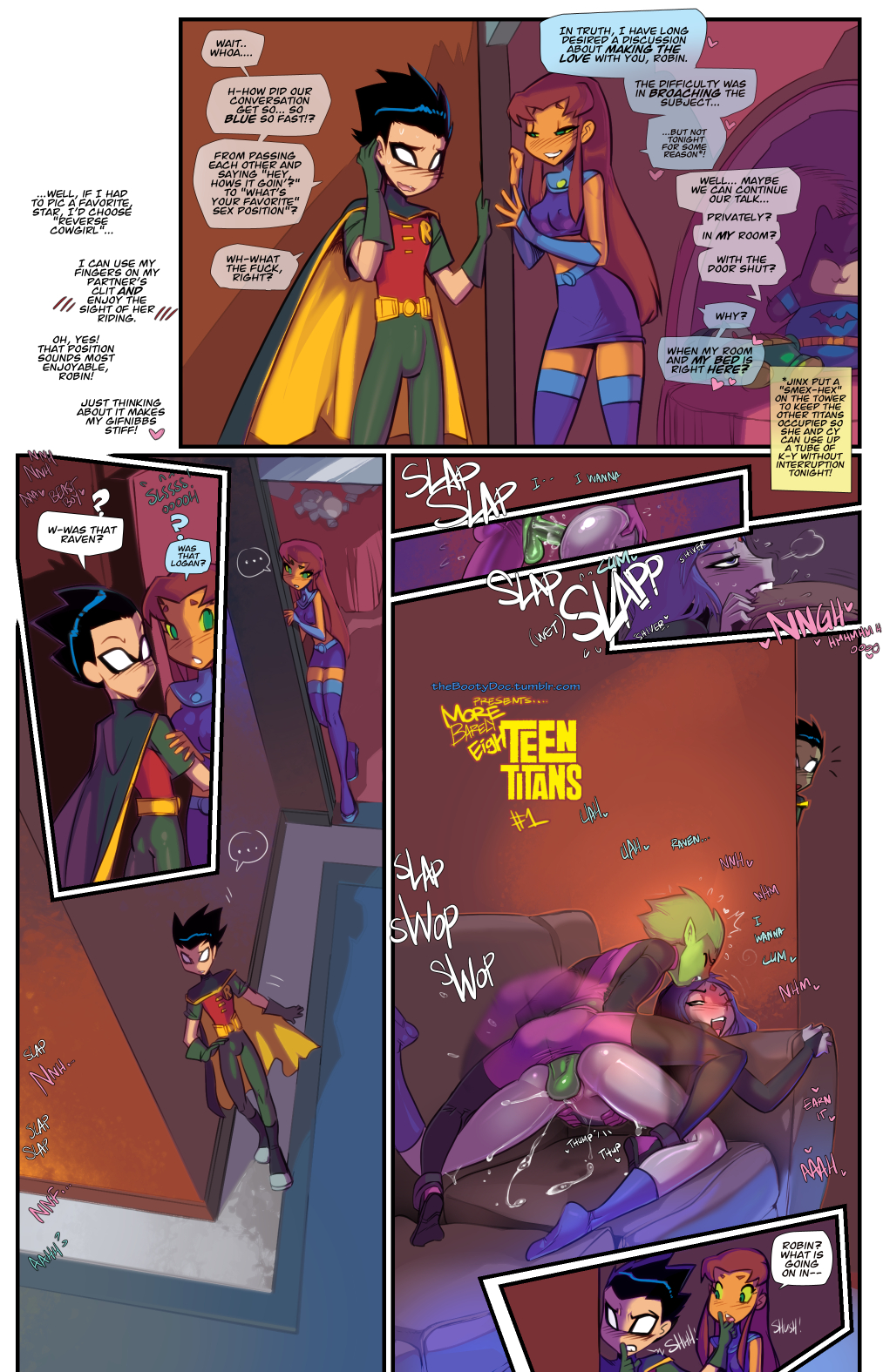 beast boy, blush, boots, breasts, bulge, canon couple, clothed, clothing, comic, dc, dc comics, dialogue, dick grayson, duo, english text, female, fred perry, highres, human, male, mammal, pussy, rachel roth, raven (dc), robin (dc), robin (dick grayson), sex, speech bubble, starfire, straight, tagme, teen titans, teenager, text, tight clothing, vaginal sex, young