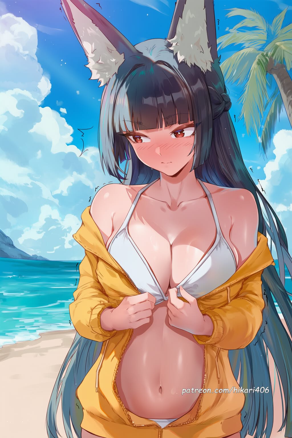 ai generated, animal ear fluff, animal ears, bare shoulders, beach, bikini, black hair, blue sky, blunt bangs, blush, braid, breasts, cleavage, closed mouth, cloud, collarbone, day, fanbox username, female, fox ears, french braid, hikari406, hoshimi miyabi, jacket, large breasts, long hair, long sleeves, looking to the side, navel, ocean, off shoulder, outdoors, palm tree, red eyes, sky, solo, stomach, swimsuit, tree, trembling, uncensored, very long hair, white bikini, yellow jacket, zenless zone zero, zipper, zipper pull tab