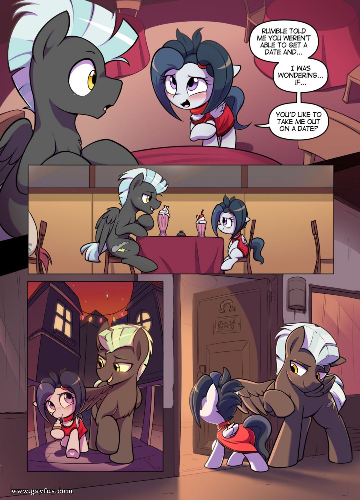 2boys, age difference, all fours, ass, behind view, black body, black fur, blue hair, blue tail, blush, brother and brother, brothers, comic, comic page, crossdressing, crossdressing male, cutie mark, date, dating, dialogue, disguise, disguised, disguised male, dress, duo, duo focus, duo male, english dialogue, english text, equine, eyelashes, feral, feral focus, feral male, feral only, friendship is magic, furry, furry male, furry only, gay, gay incest, grey body, grey fur, hi res, high resolution, highres, horse, ice cream, ice cream cone, incest, larger male, looking at ass, looking at each other, male, male feral, male focus, male horse, male only, male/male, milkshake, my little pony, older male, older male and younger male, open mouth, open smile, page 1, pony, purple eyes, rear, rear view, red dress, rumble (mlp), shinodage, shy, shy expression, shy male, shy smile, siblings, sitting, sitting down, sitting on chair, size difference, smaller male, smile, smiling, smiling at another, smiling at each other, speech bubble, tail, talking, talking to viewer, text, thunderlane (mlp), unknown incest, url, viewed from behind, walking, walking together, wings, yellow eyes, younger male